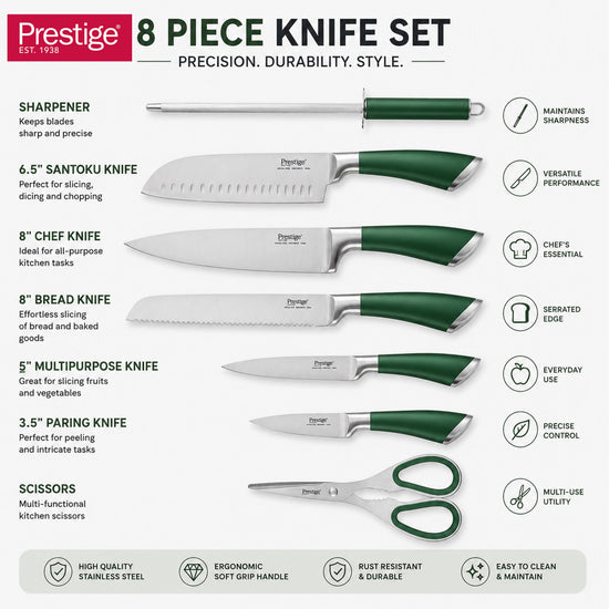 Prestige 8-Piece Stainless Steel Knife Block Set - Green | Knife set with stand | PR50911