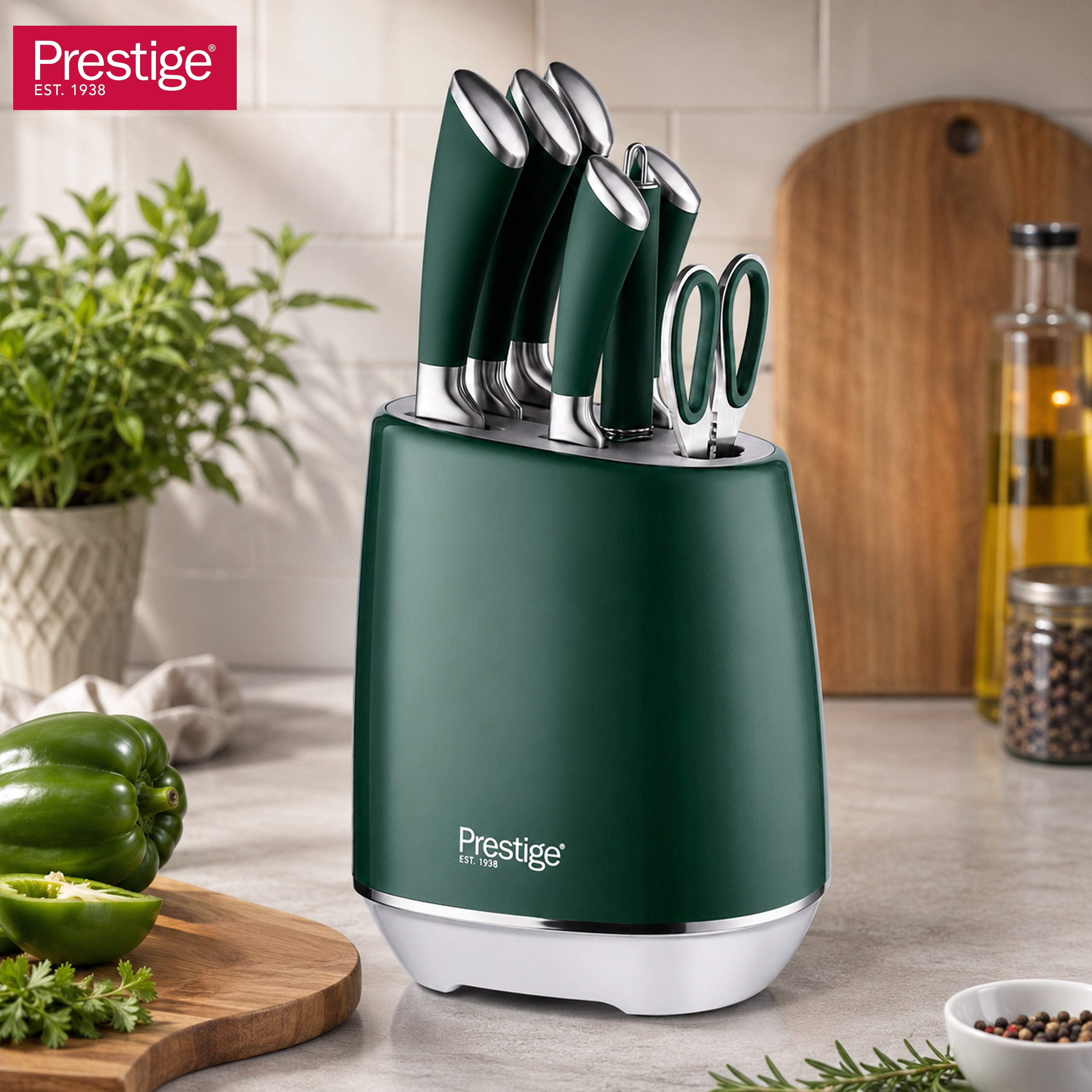 Prestige 8-Piece Stainless Steel Knife Block Set - Green | Knife set with stand | PR50911