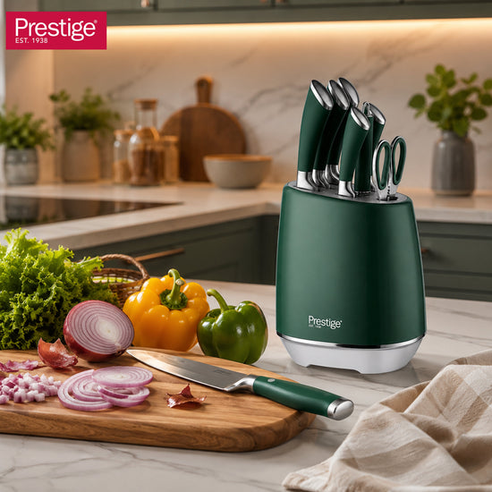 Prestige 8-Piece Stainless Steel Knife Block Set - Green | Knife set with stand | PR50911