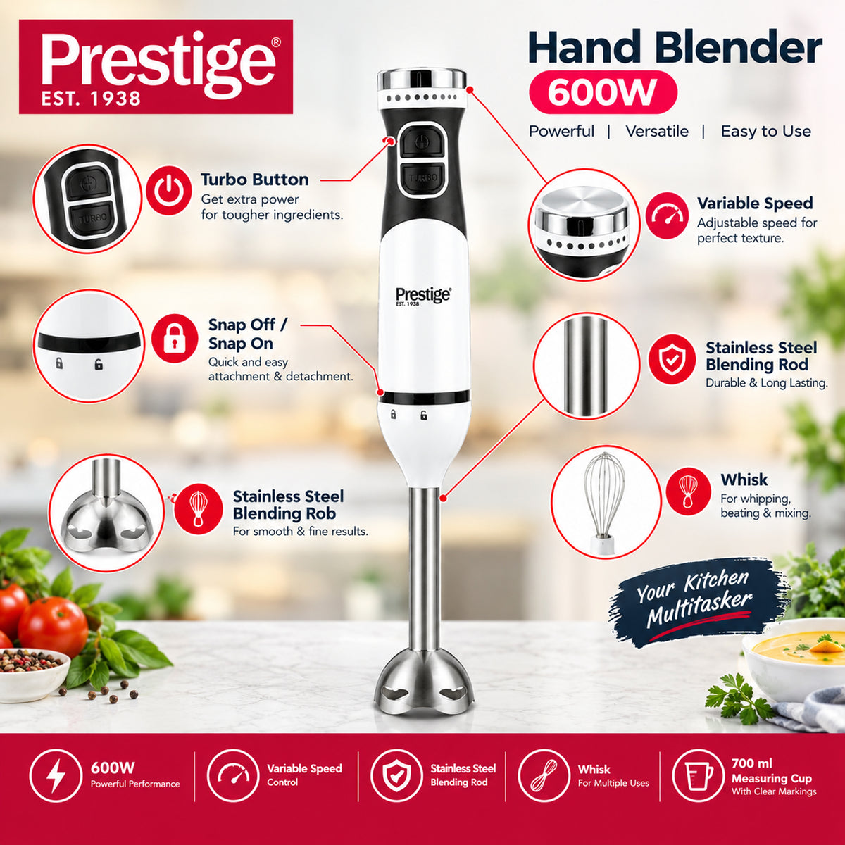 Prestige Hand Blender 600W Set  | Chopper & Whisk | PR54945