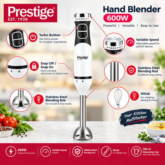 Prestige Hand Blender 600W Set  | Chopper & Whisk | PR54945