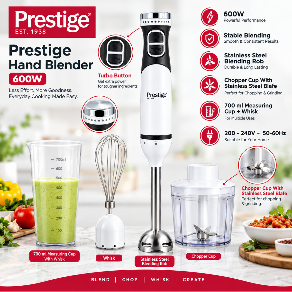 Prestige Hand Blender 600W Set  | Chopper & Whisk | PR54945