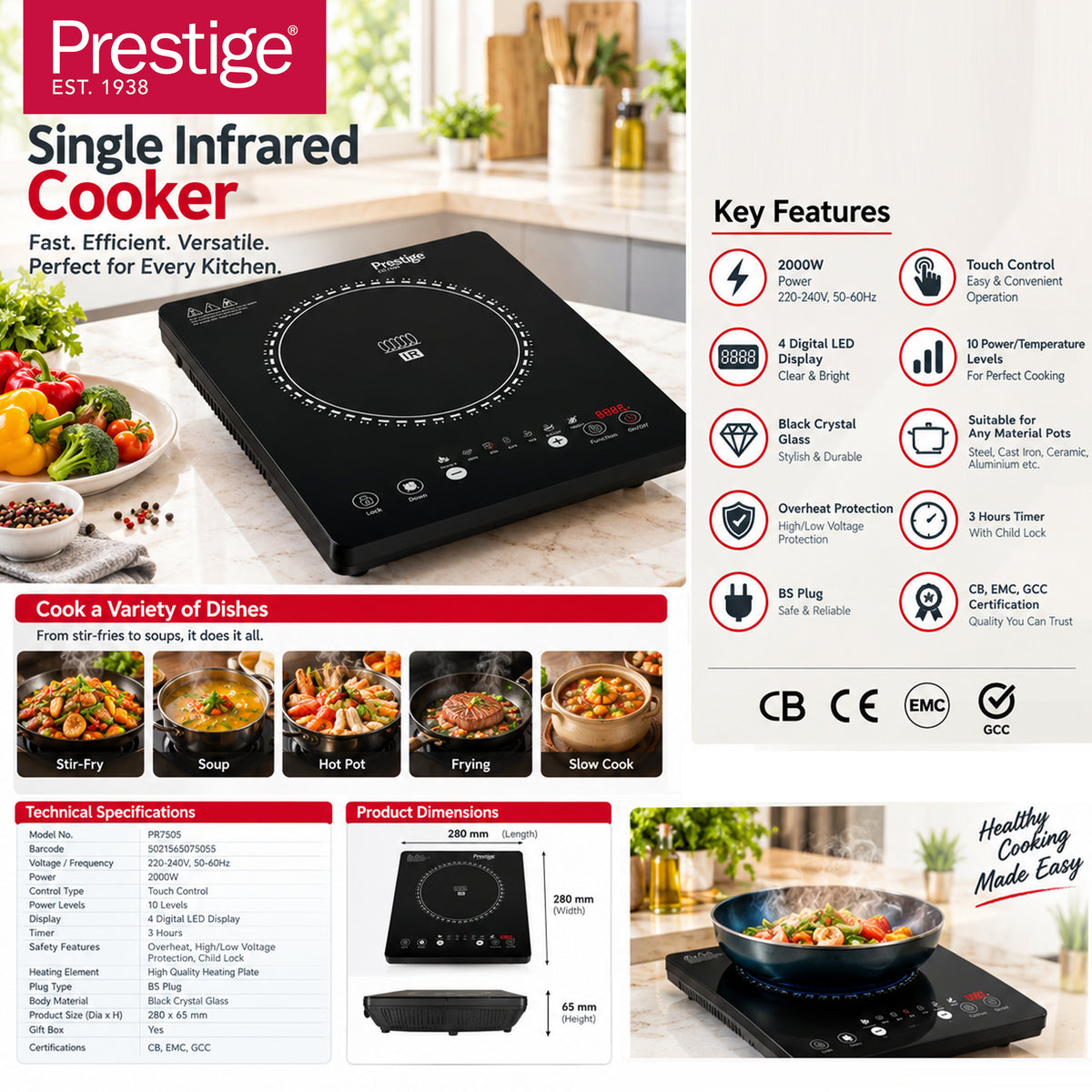 Prestige Single Infrared Cooker 2000W | PR7505