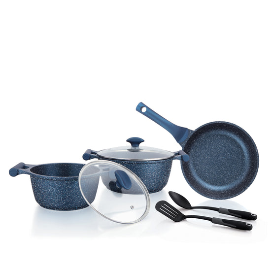 Prestige Essentials Granite 7 Piece Non-Stick Cast Aluminium Cookware Sets | Induction Compatible Pots and Pans Set | Dark Blue - PR80959