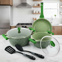 Prestige Essentials Granite 7 Piece Non-Stick Cast Aluminium Cookware Sets | Induction Compatible Pots and Pans Set | Grenn - PR80960