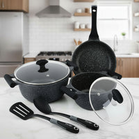 Prestige Essentials Granite 7 Piece Non-Stick Cast Aluminium Cookware Sets | Induction Compatible Pots and Pans Set | Black - PR80962