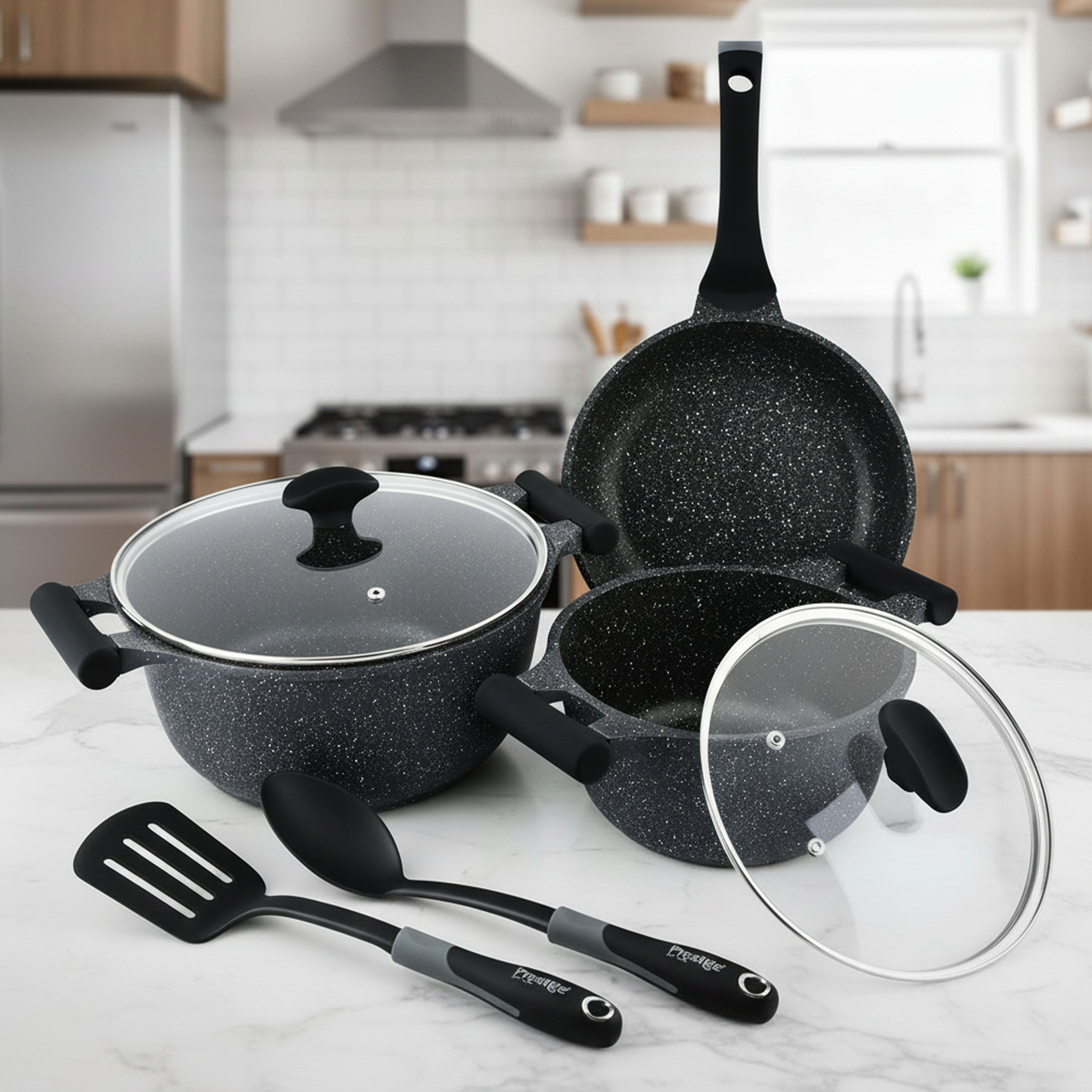 Prestige Essentials Granite 7 Piece Non-Stick Cast Aluminium Cookware Sets | Induction Compatible Pots and Pans Set | Black - PR80962