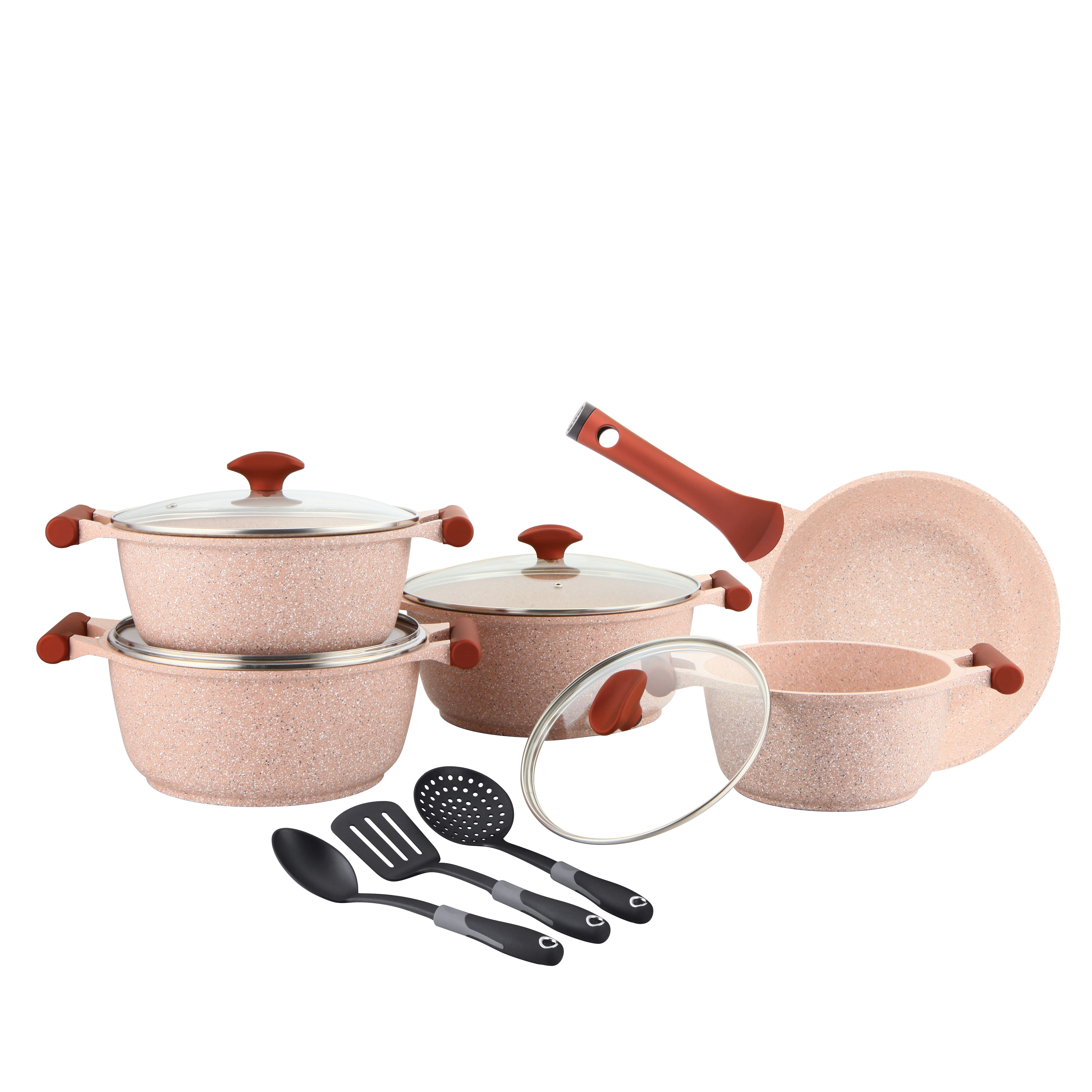 Prestige Essentials Granite 12 Piece Non-Stick Cast Aluminium Cookware sets |Induction Compatible Pots and Pans Set | Pink - PR80964