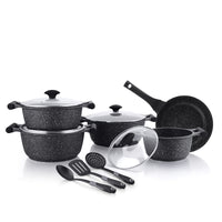 Prestige Essentials Granite 12 Piece Non-Stick Cast Aluminium Cookware sets | Induction Compatible Pots and Pans Set | Black - PR80965