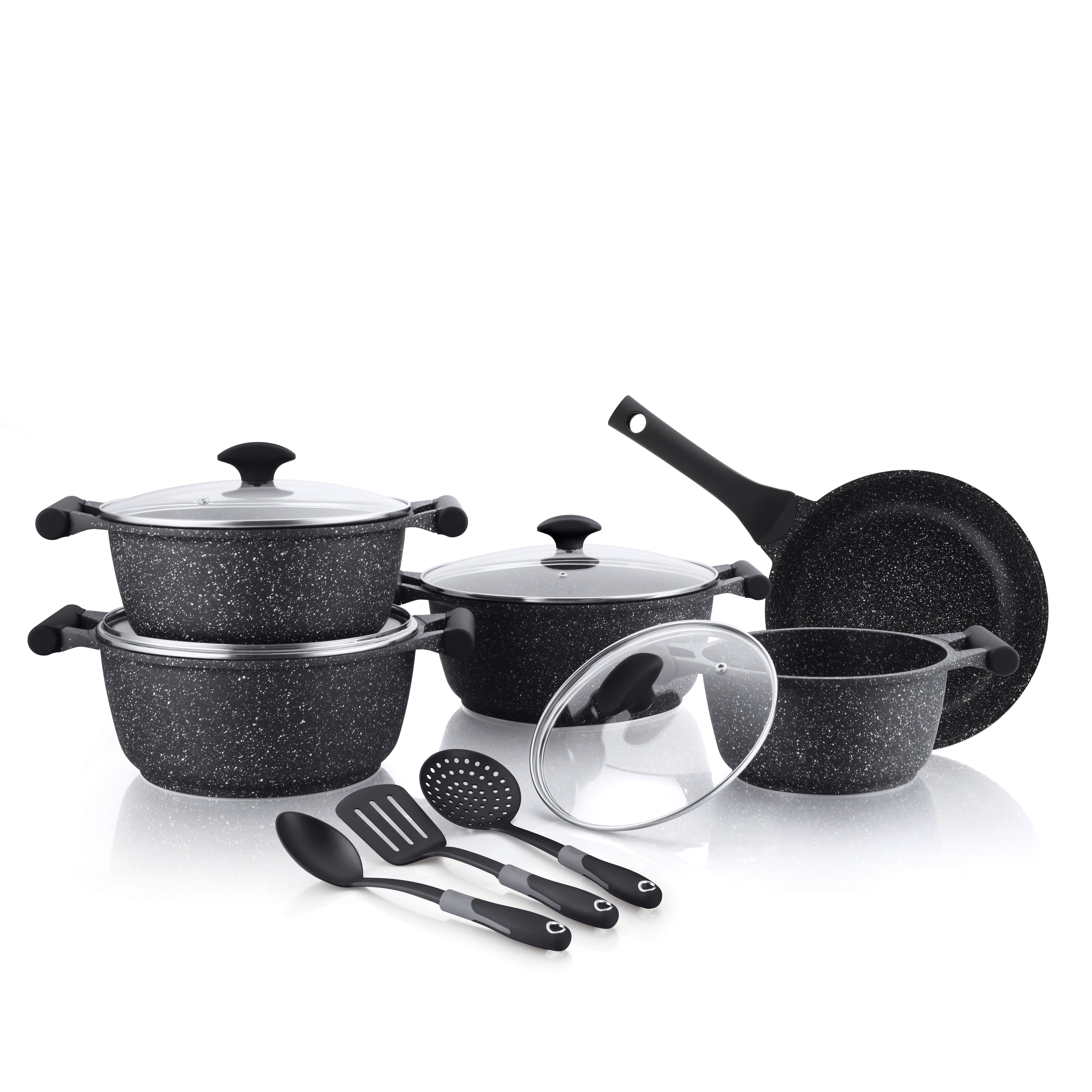 Prestige Essentials Granite 12 Piece Non-Stick Cast Aluminium Cookware sets | Induction Compatible Pots and Pans Set | Black - PR80965