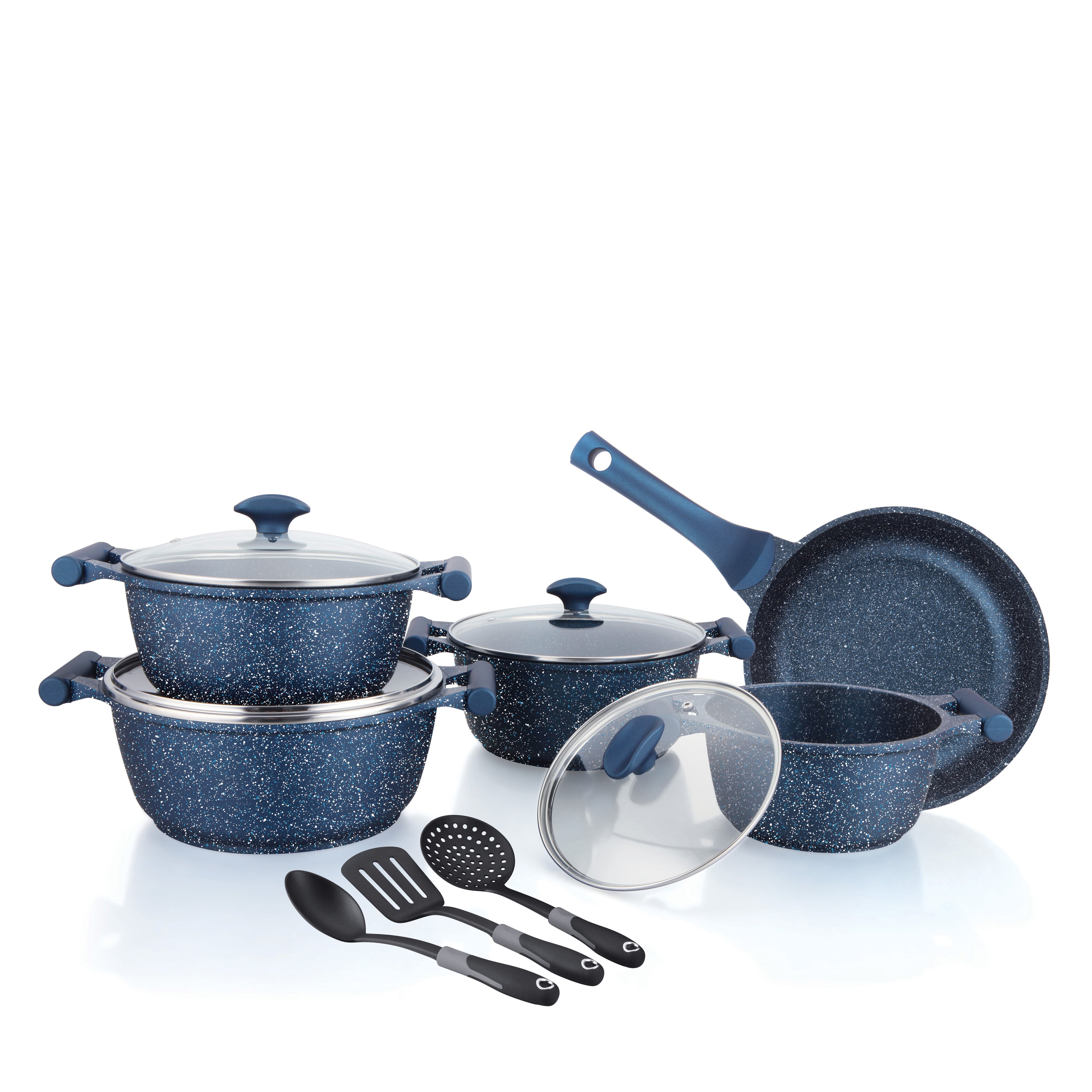 Prestige Essentials Granite 12 Piece Non-Stick Cast Aluminium Cookware sets | Induction Compatible Pots and Pans Set | Blue - PR80966