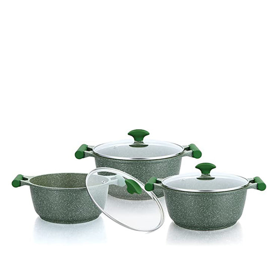 Prestige Essentials Pots and Pans Set | Granite 6 Piece Non-Stick Cast Aluminium Cookware set | Induction Base | Non Stick Cooking Set Combo | Green PR80968