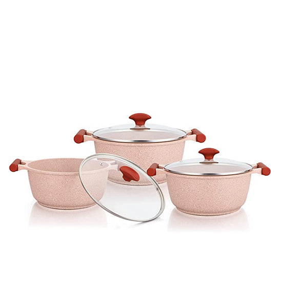 Prestige Essentials Pots and Pans Set | Granite 6 Piece Non-Stick Cast Aluminium Cookware set | Induction Base | Non Stick Cooking Set | Pink PR80969