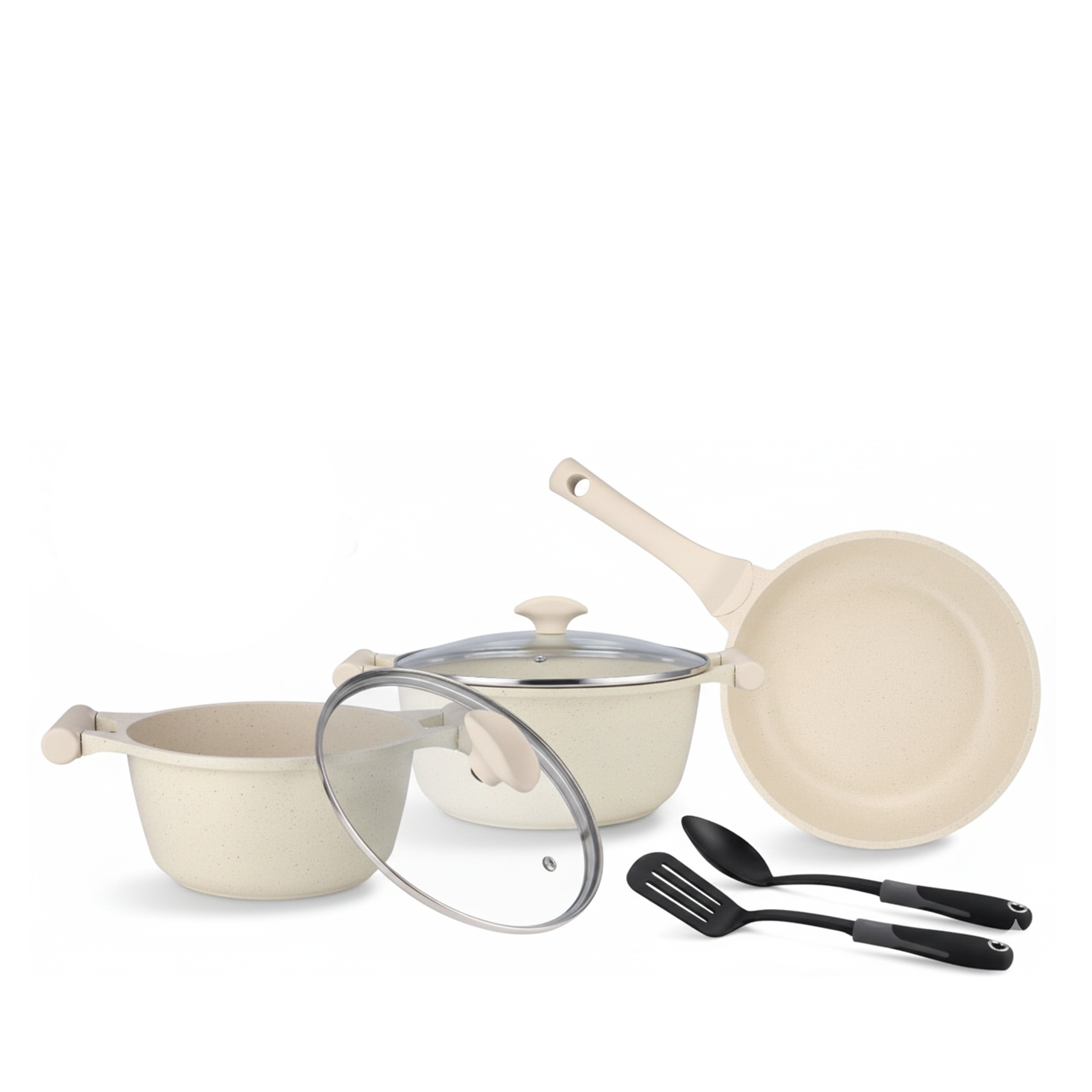 Prestige Essentials 7-Piece Off-White Granite Set | Non-Stick Pots and Pans Set | Induction Compatible Cooking Set | PR80971