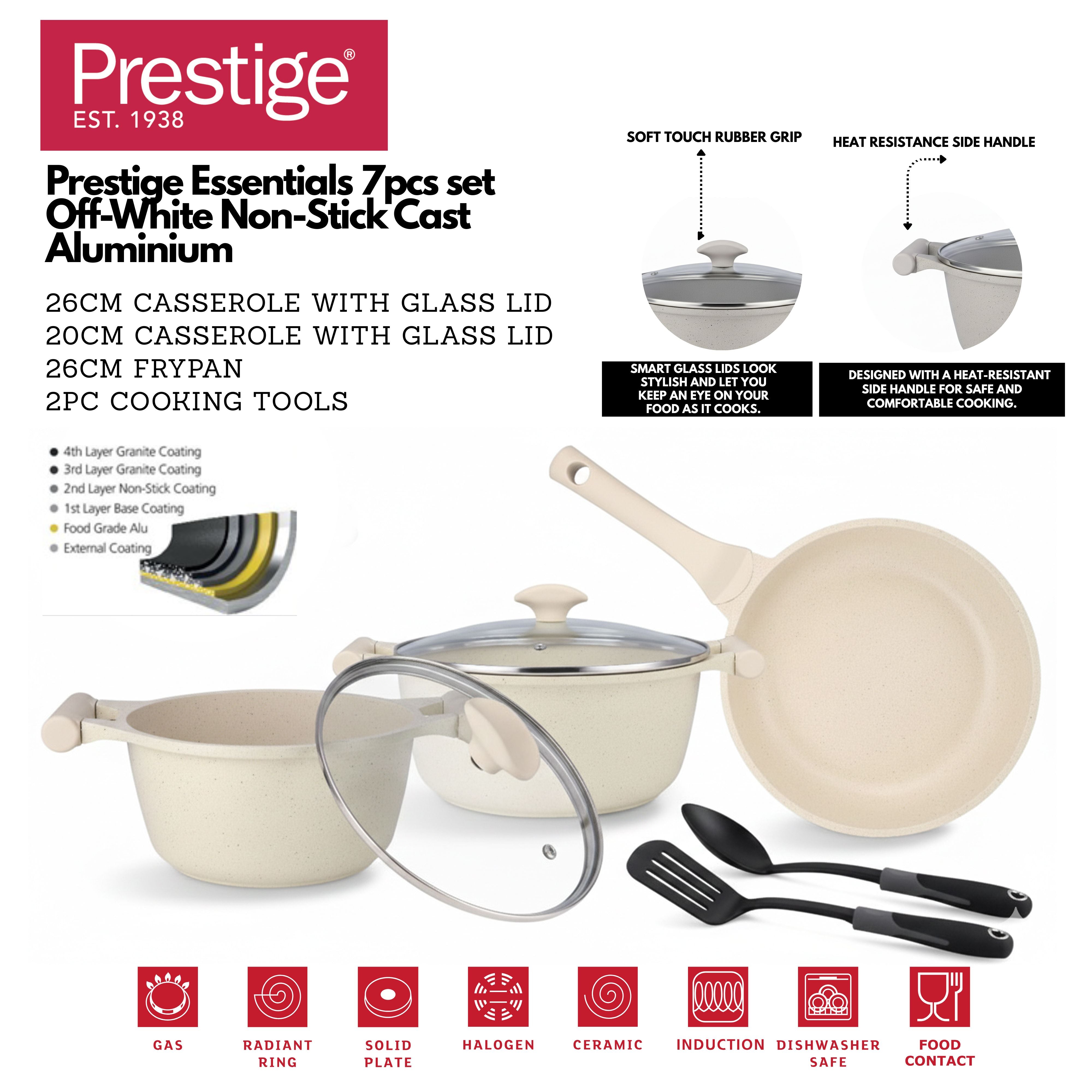 Prestige Essentials 7-Piece Off-White Granite Set | Non-Stick Pots and Pans Set | Induction Compatible Cooking Set | PR80971