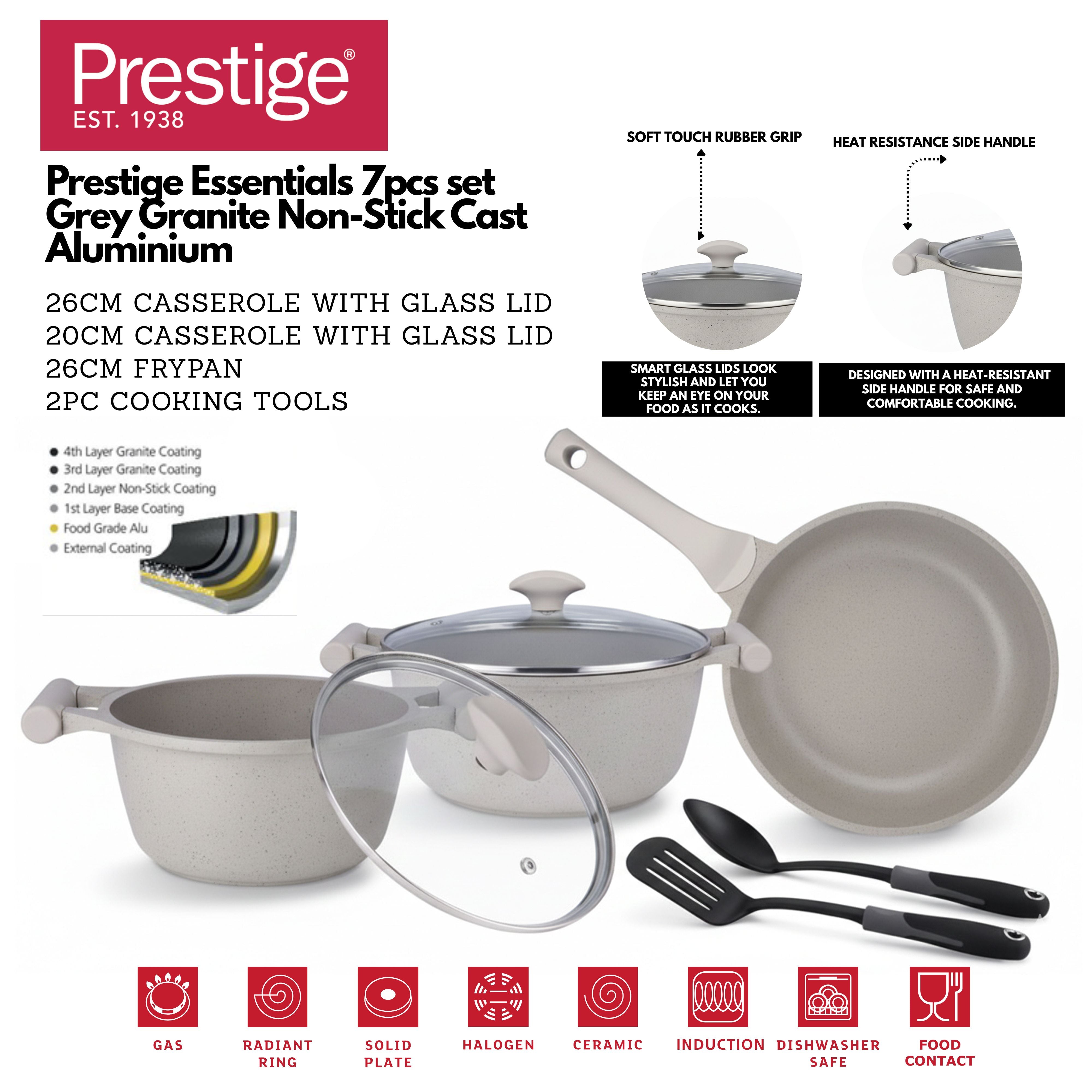 Prestige Essentials 7-Piece Grey Granite Set | Non-Stick Pots and Pans Set | Induction Compatible Cooking Set | PR80972