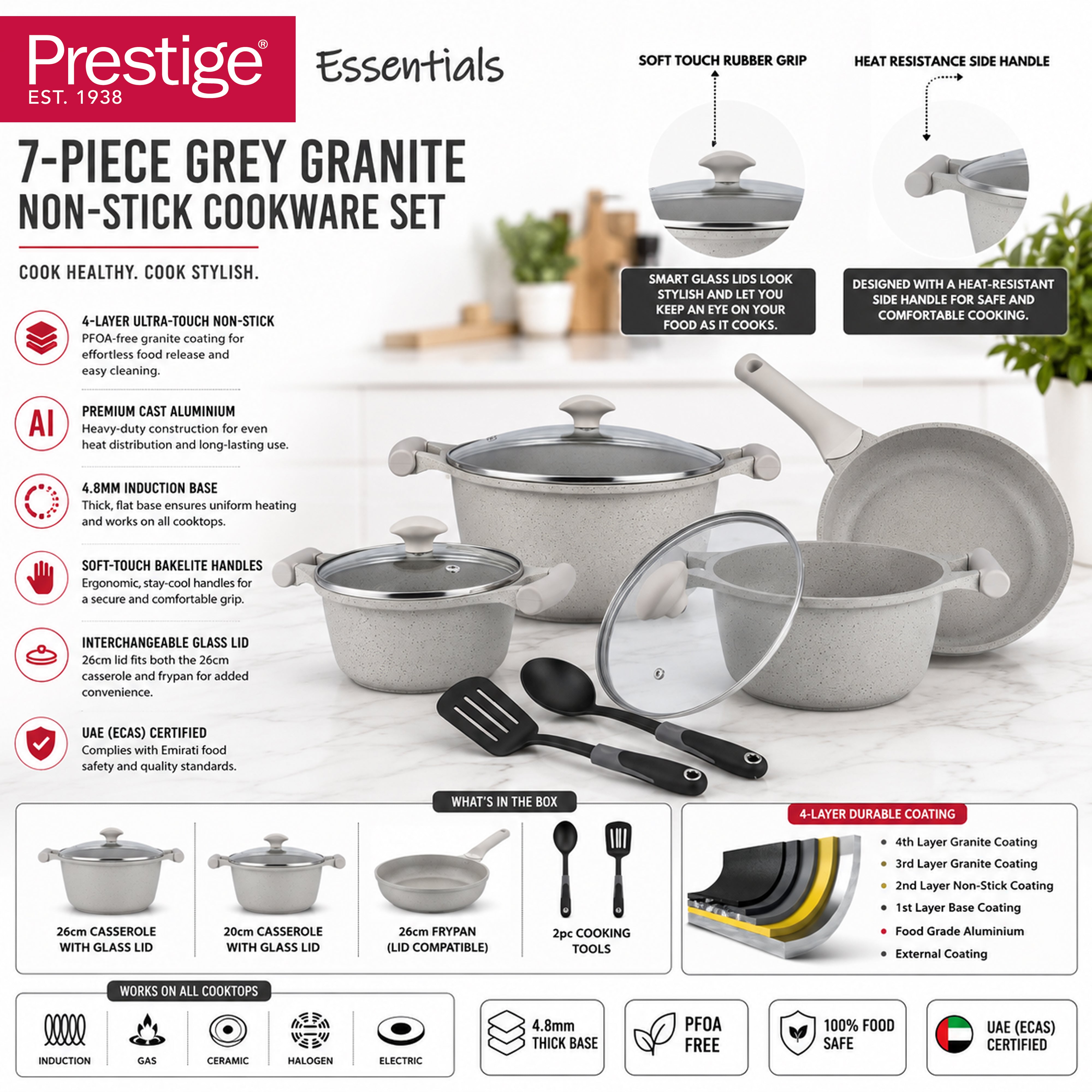 Prestige Essentials 7-Piece Grey Granite Set | Non-Stick Pots and Pans Set | Induction Compatible Cooking Set | PR80972
