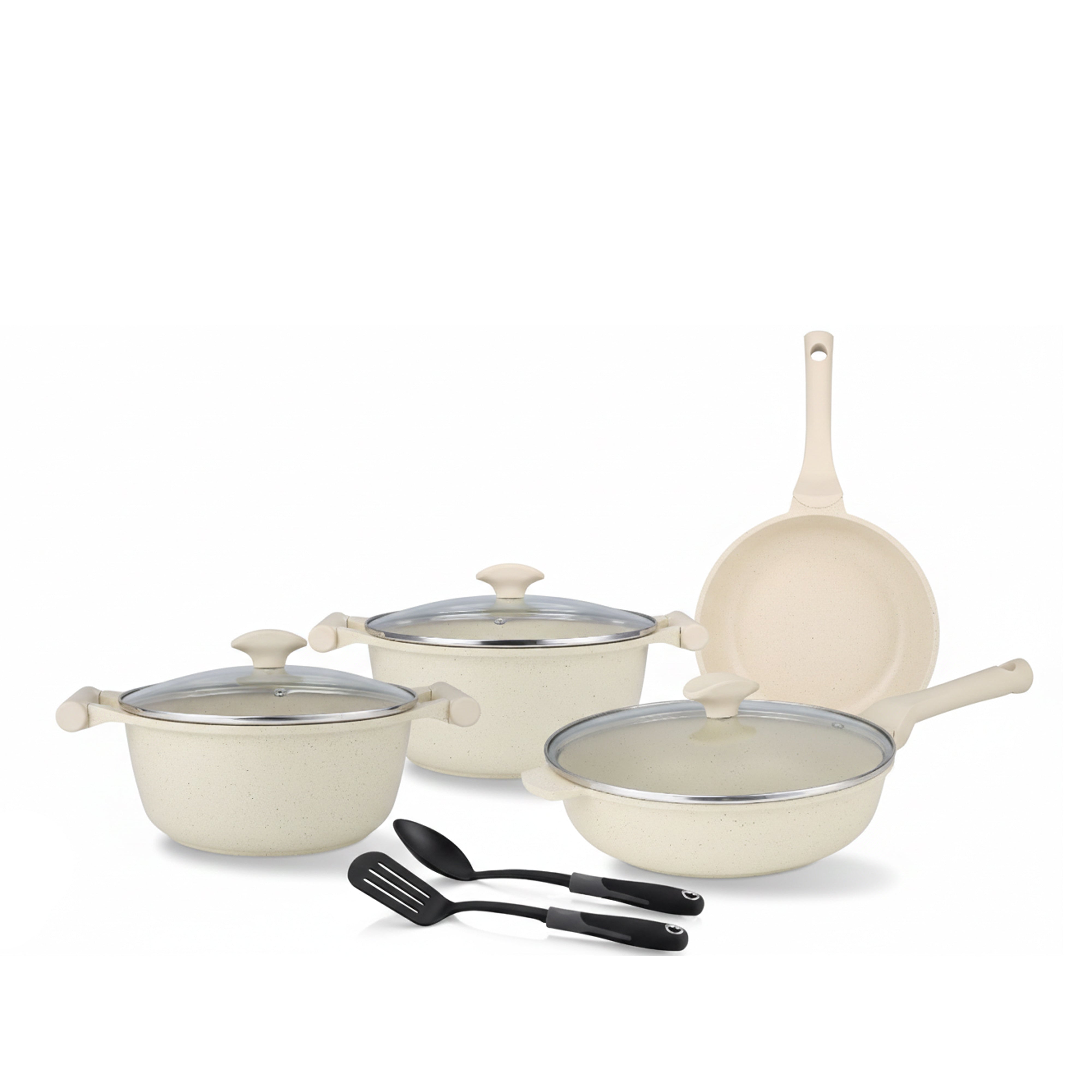 Prestige Essentials 9-Piece Off-White Granite Cookware Set | Non-Stick Pots and Pans Set | Induction Compatible Cooking Set | PR80975