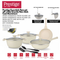 Prestige Essentials 9-Piece Off-White Granite Cookware Set | Non-Stick Pots and Pans Set | Induction Compatible Cooking Set | PR80975