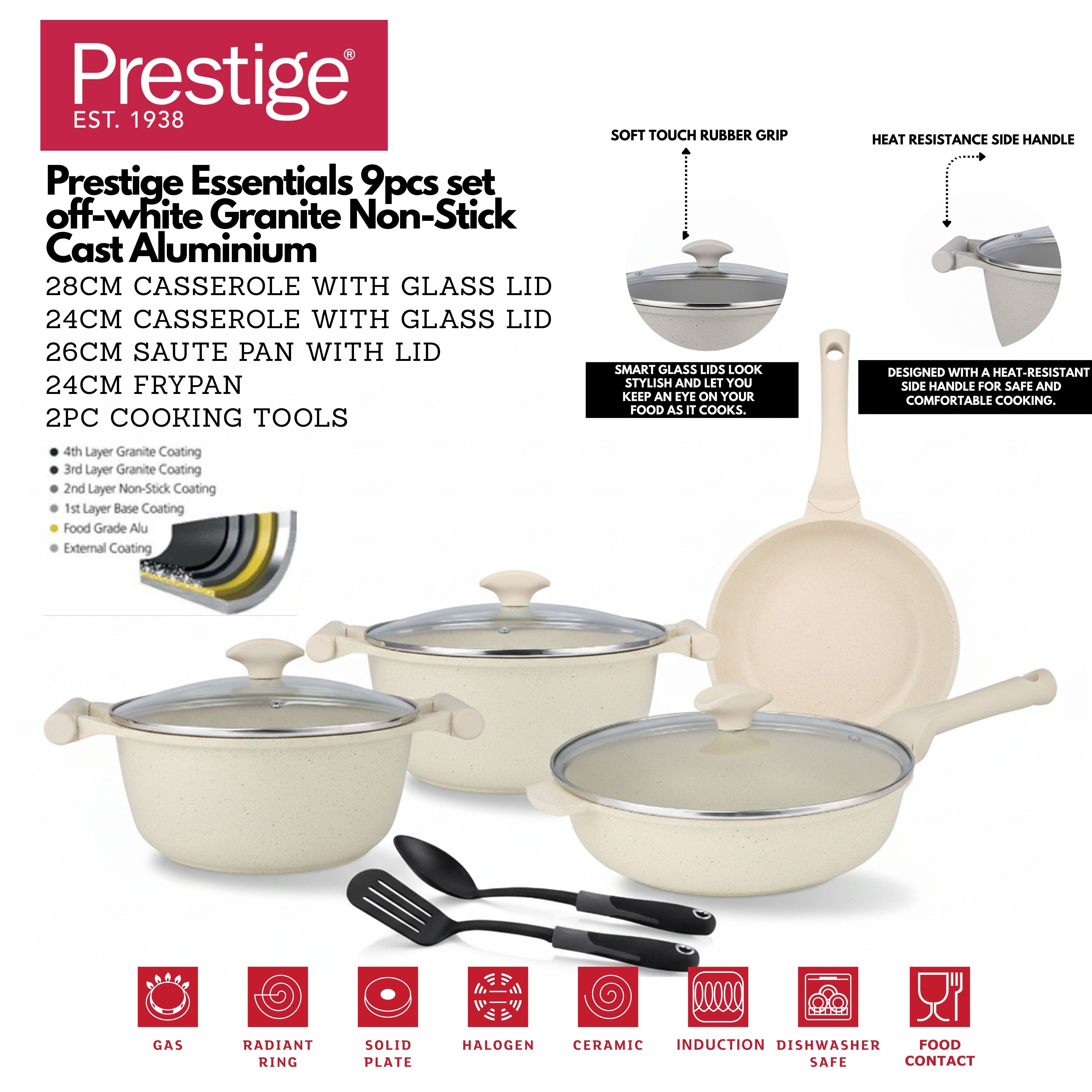 Prestige Essentials 9-Piece Off-White Granite Cookware Set | Non-Stick Pots and Pans Set | Induction Compatible Cooking Set | PR80975