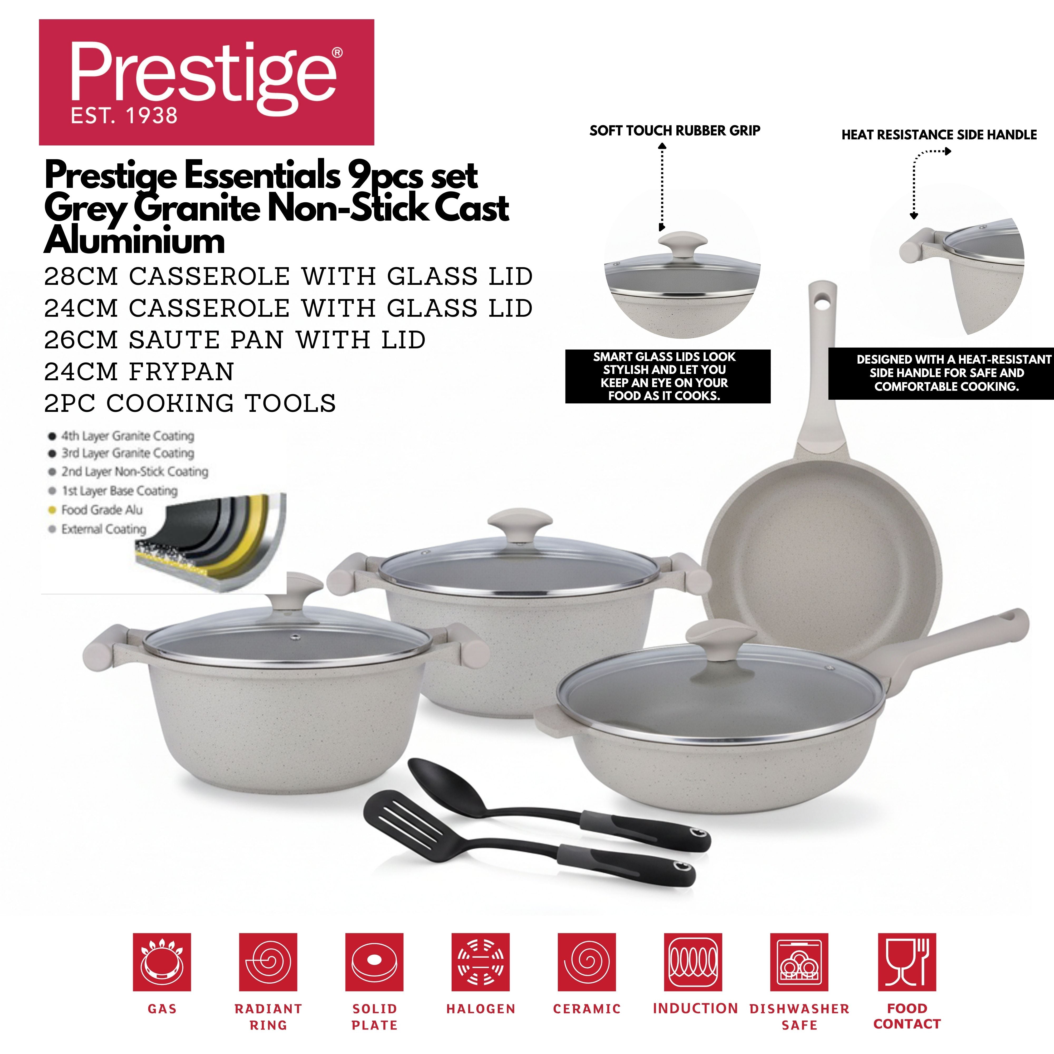 Prestige Essentials 9-Piece Grey Granite Cookware Set  | Non-Stick Pots and Pans Set | Induction Compatible Cooking Set |  PR80976
