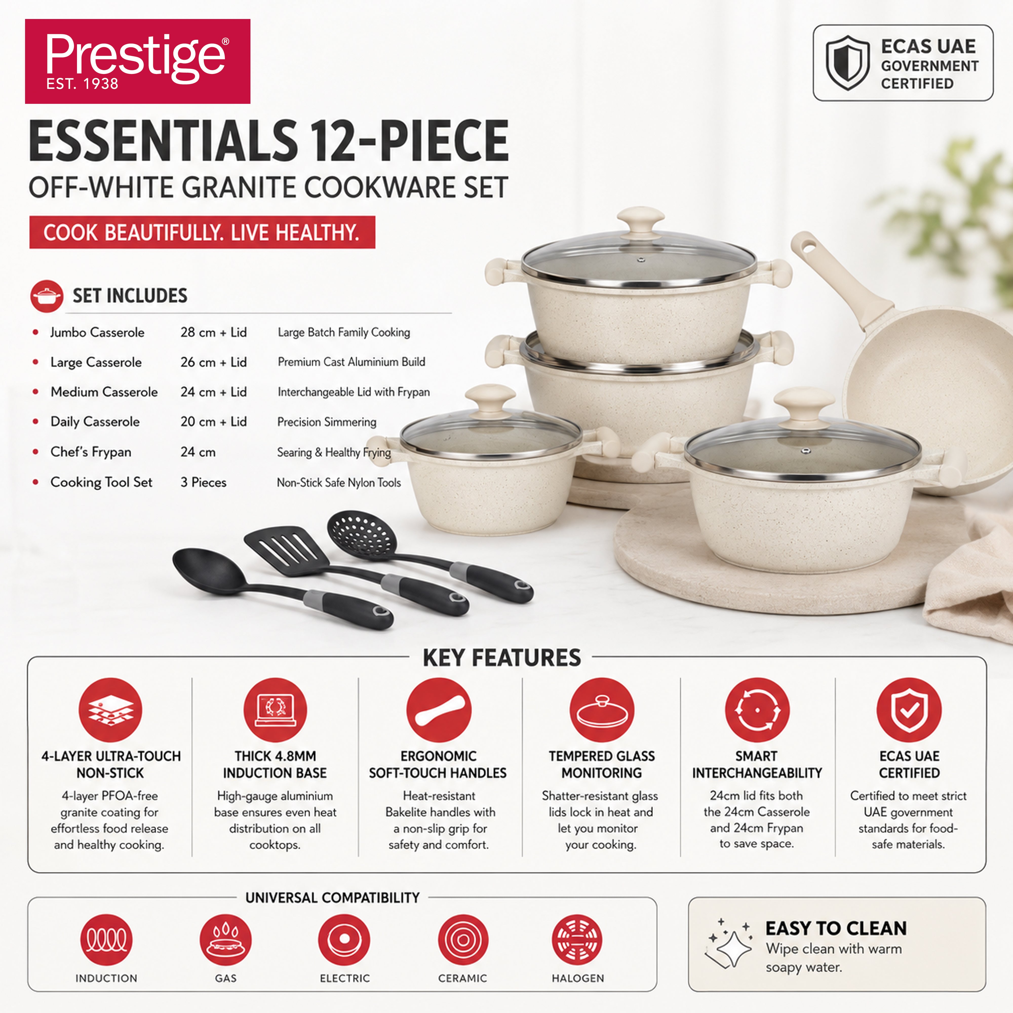 Prestige Essentials 12-Piece Off-White Granite Cookware Set | Non-Stick Pots and Pans Set | Induction Compatible Cooking Set | PR80977