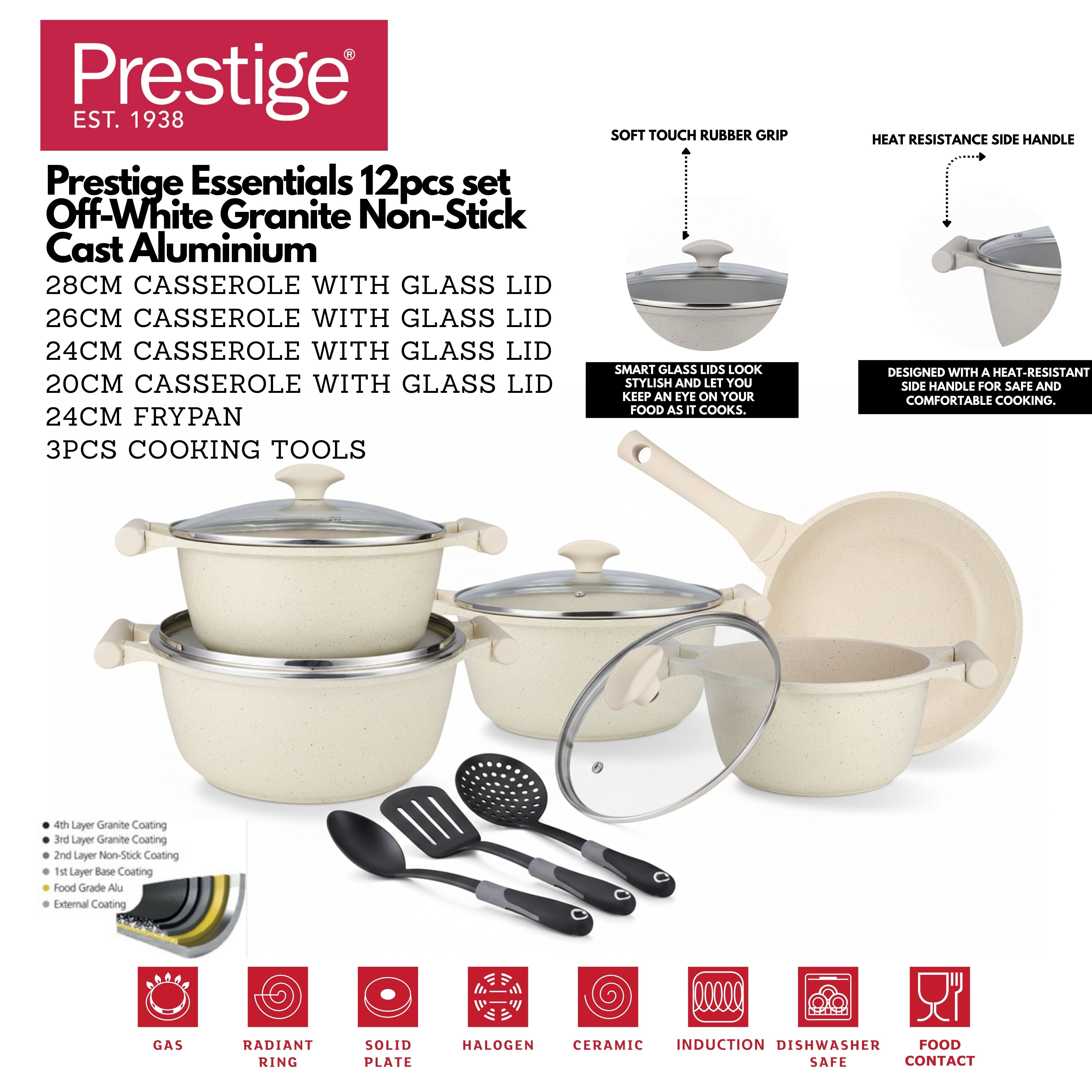 Prestige Essentials 12-Piece Off-White Granite Cookware Set | Non-Stick Pots and Pans Set | Induction Compatible Cooking Set | PR80977