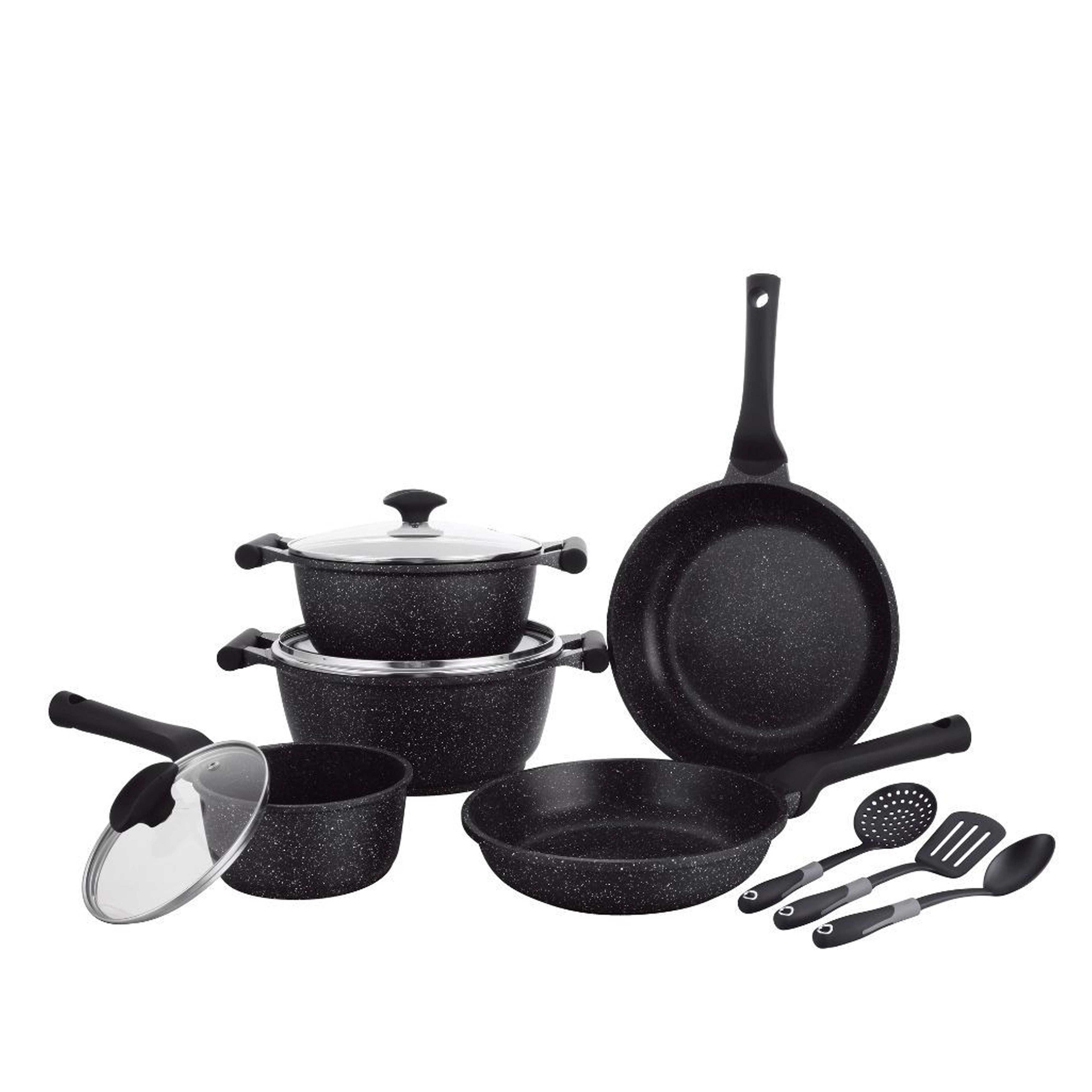 Prestige Essentials Nonstick Pots and Pans Set | Induction Cookware Set 11 Pieces | Non Stick Set Combo | Granite Cooking Set | Fry Pan Non Stick Combo Set | Black - PR80985