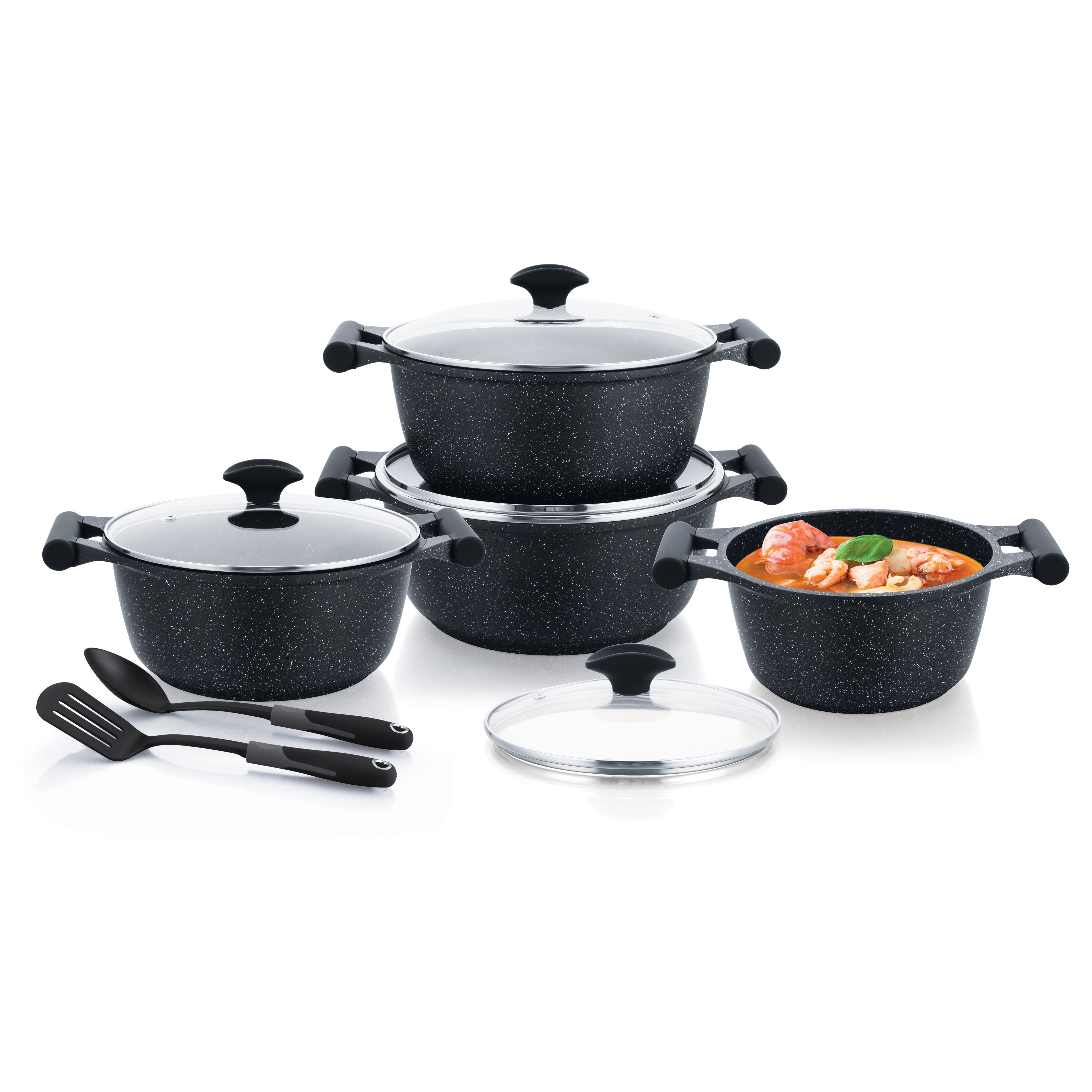 Prestige Essential 10 pcs Cookware Sets | Granite Coated Pots and Pans Set | Non-Stick Induction Compatible Cookware | Black - PR80997