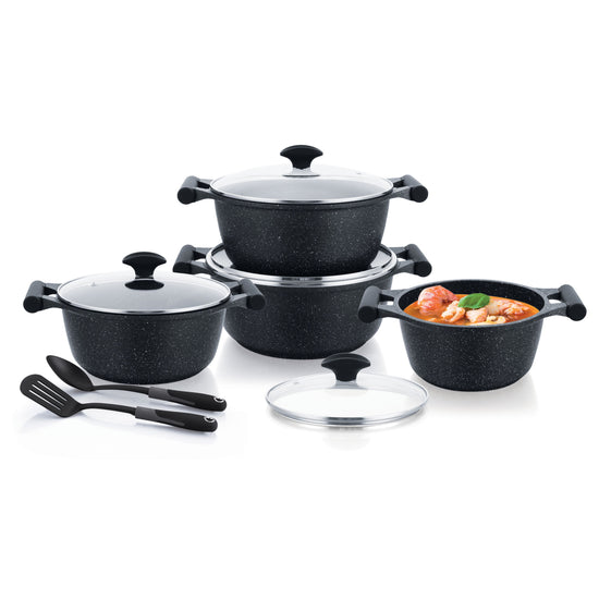 Prestige Essential 10 pcs Cookware Sets | Granite Coated Pots and Pans Set | Non-Stick Induction Compatible Cookware | Black - PR80997