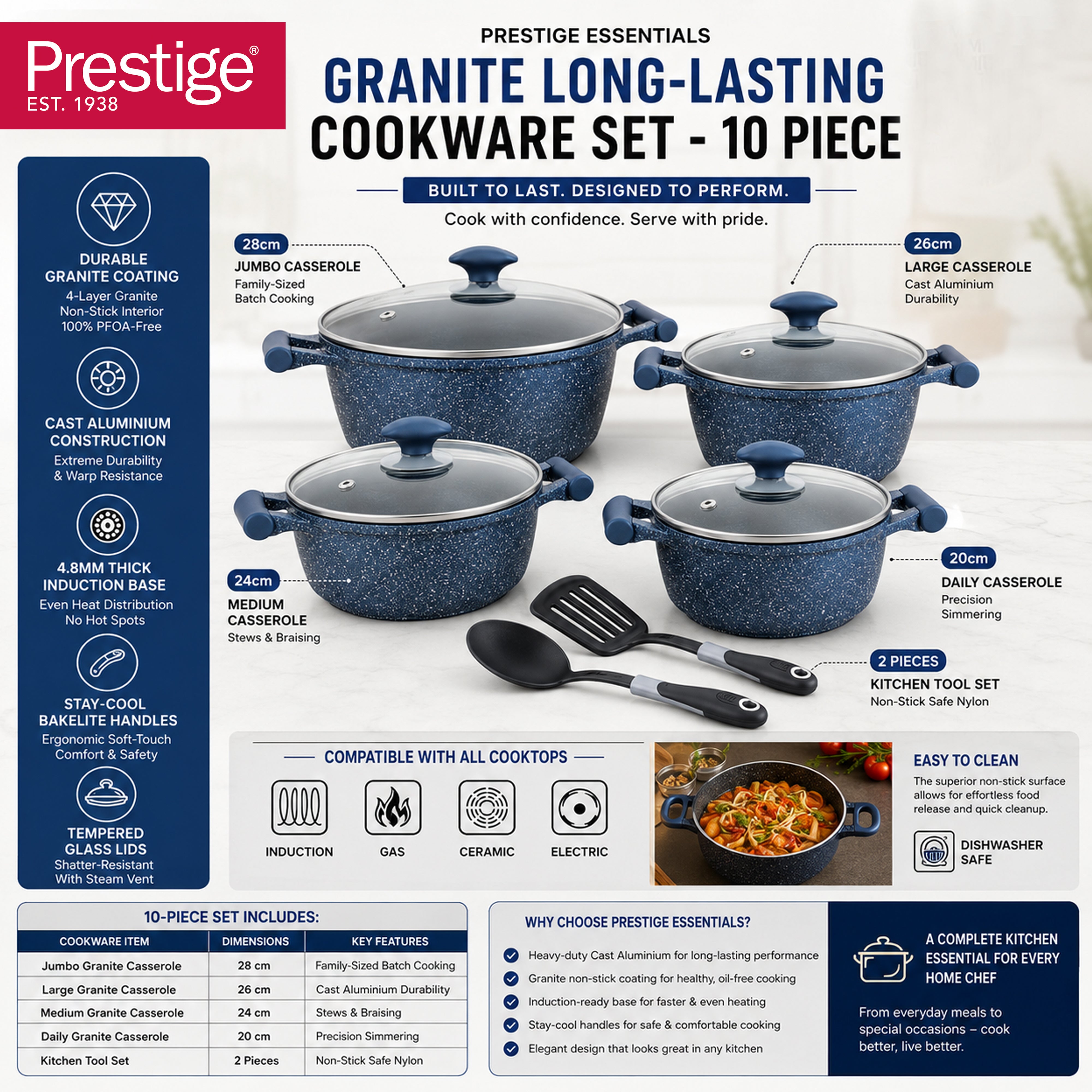 Prestige Essential 10 pcs Cookware Sets | Granite Coated Pots and Pans Set | Non-Stick Induction Compatible Cookware | Dark Blue - PR80999
