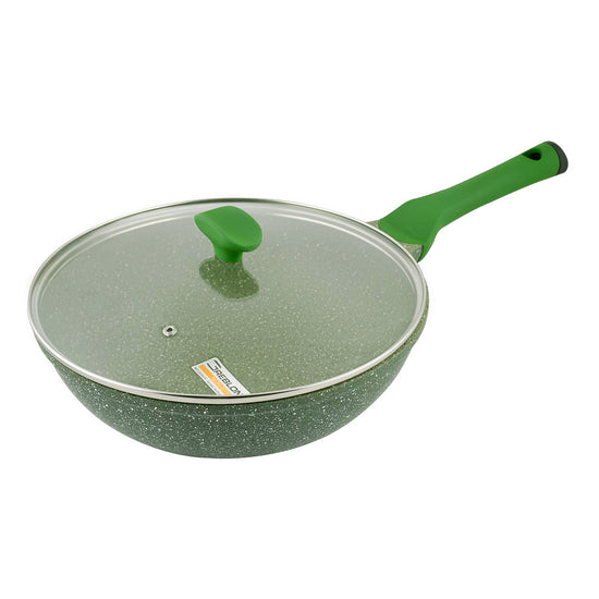 Prestige Essentials Wok Pan 28 Cm | Induction Compatible Non Stick Pan | Granite Coted Cooking Pot | Green - PR81116