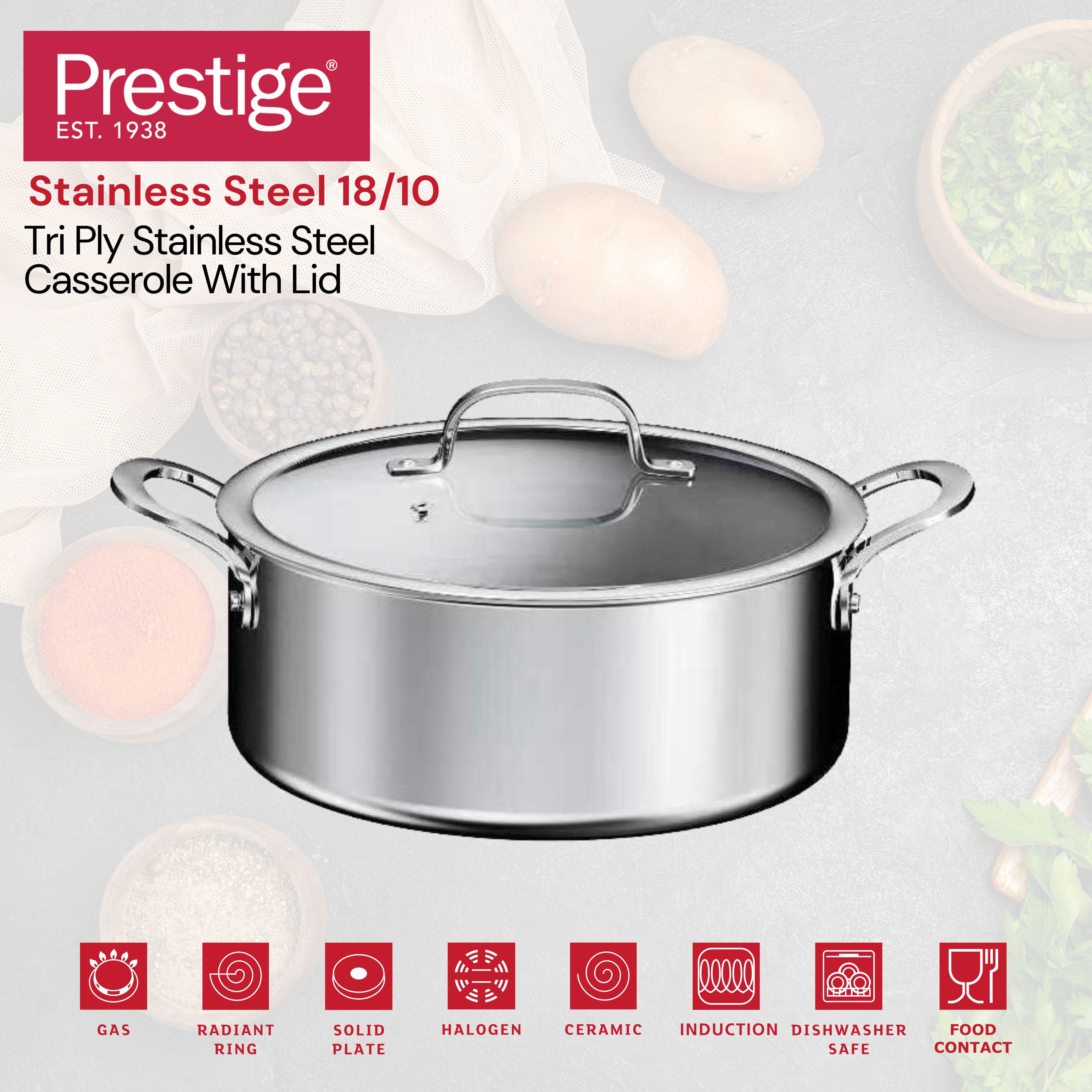 Prestige Infinity Tri Ply Stainless Steel 24cm Casserole With Lid | Induction + all hob suitable | PR81192