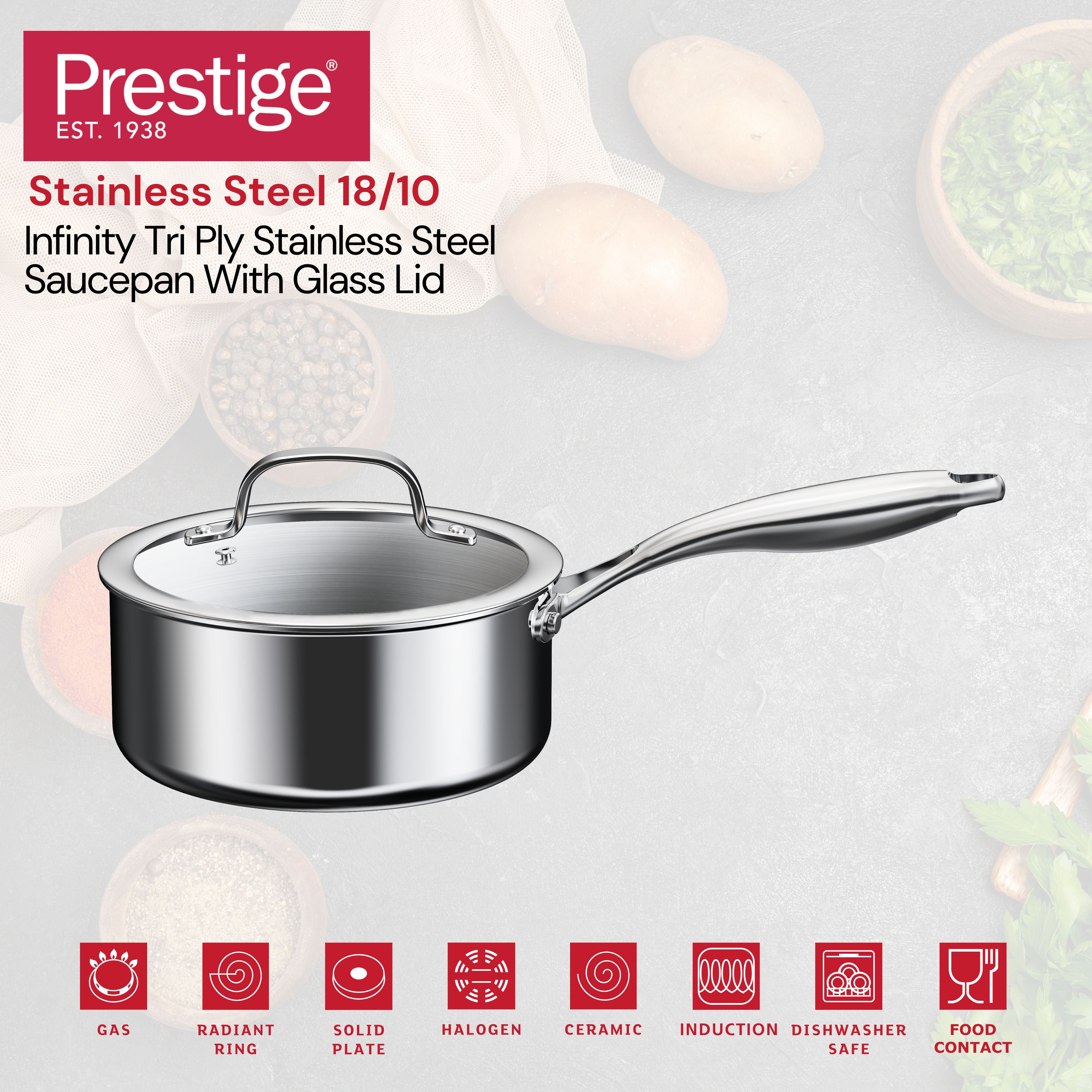 Prestige Infinity Tri Ply Stainless Steel 16cm Saucepan With Lid | Induction + all hob suitable | PR81186