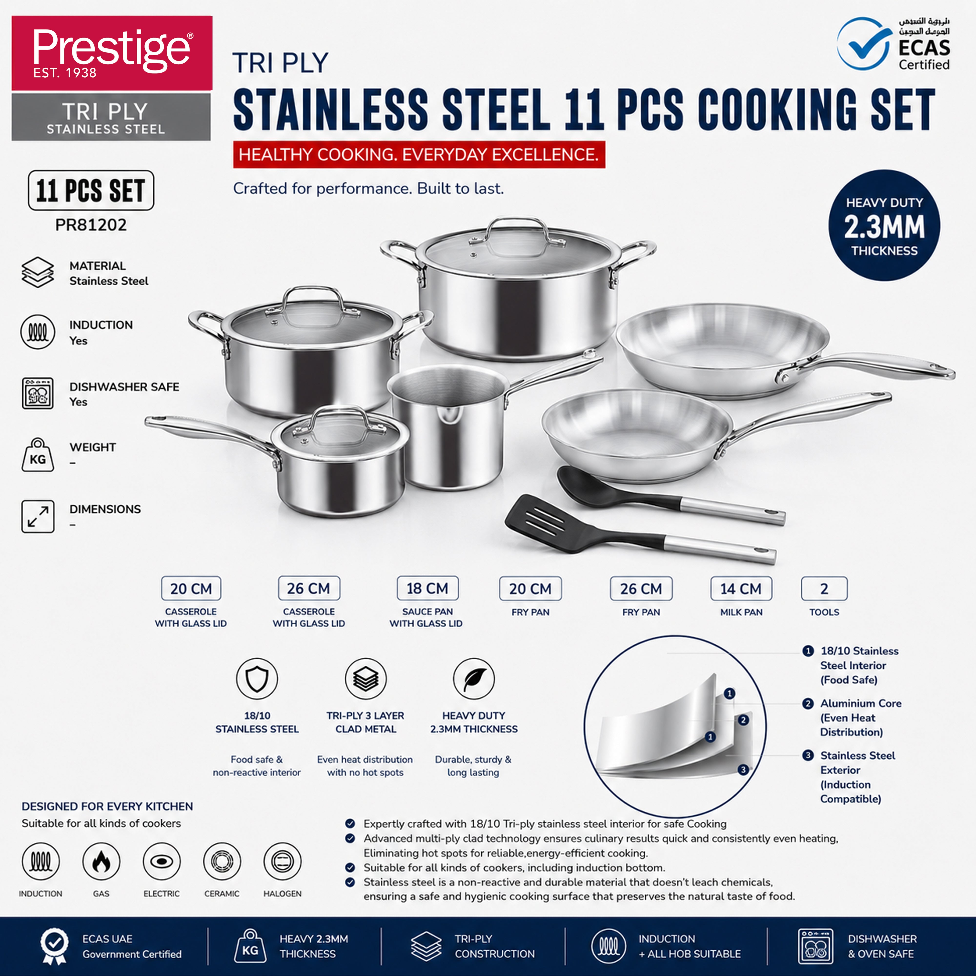 Prestige Tri Ply Stainless Steel 11 Pcs Cooking Set | Induction + all hob suitable | Pots and Pans Set | PR81202