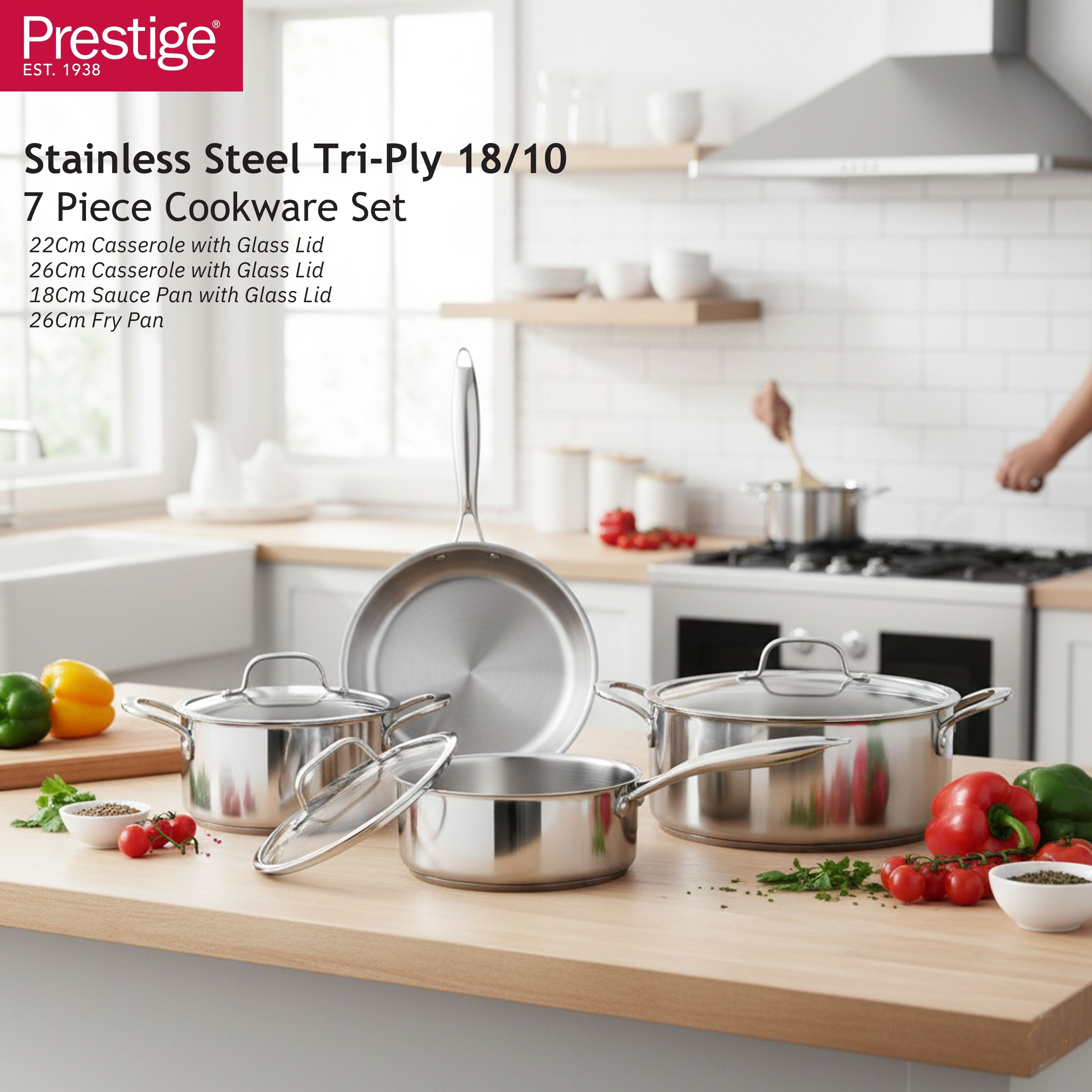 Prestige Tri Ply Stainless Steel 7 Pcs Cookware Set | Induction + all hob suitable | Pots and Pans Set | PR81200