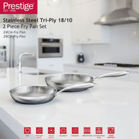 Prestige Tri Ply S/S Twin Frypan Set 24Cm / 28Cm Fry Pan | Induction + all hob suitable | Pots and Pans Set | PR81205