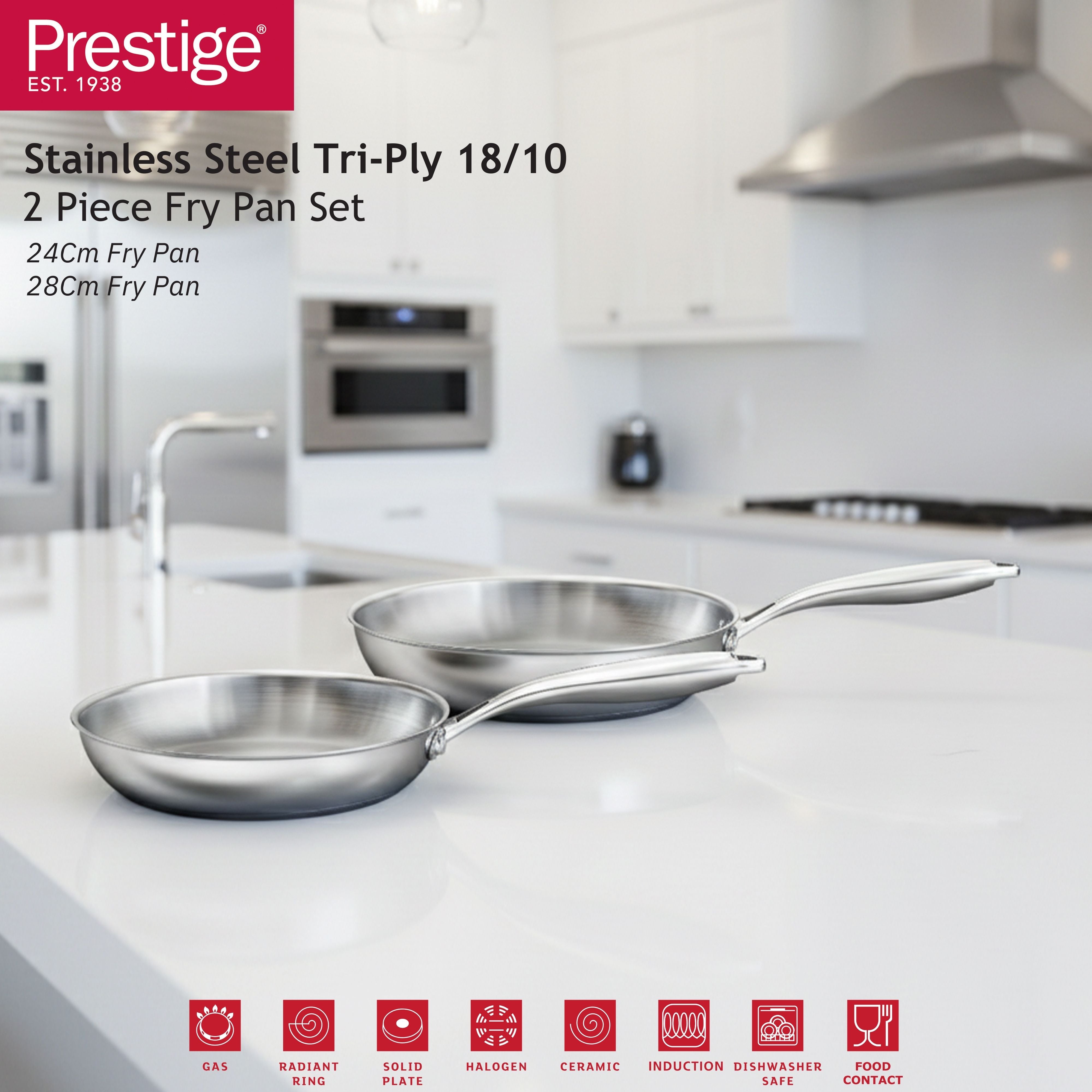 Prestige Tri Ply S/S Twin Frypan Set 24Cm / 28Cm Fry Pan | Induction + all hob suitable | Pots and Pans Set | PR81205