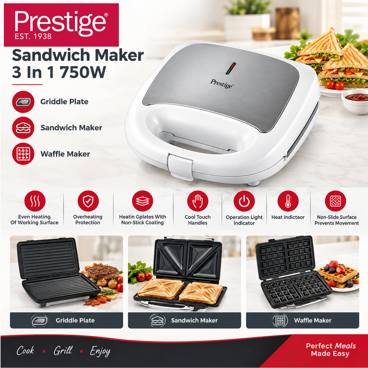 Prestige 3-in-1 Sandwich Maker | Grill & Waffle Maker 750W | PR81521