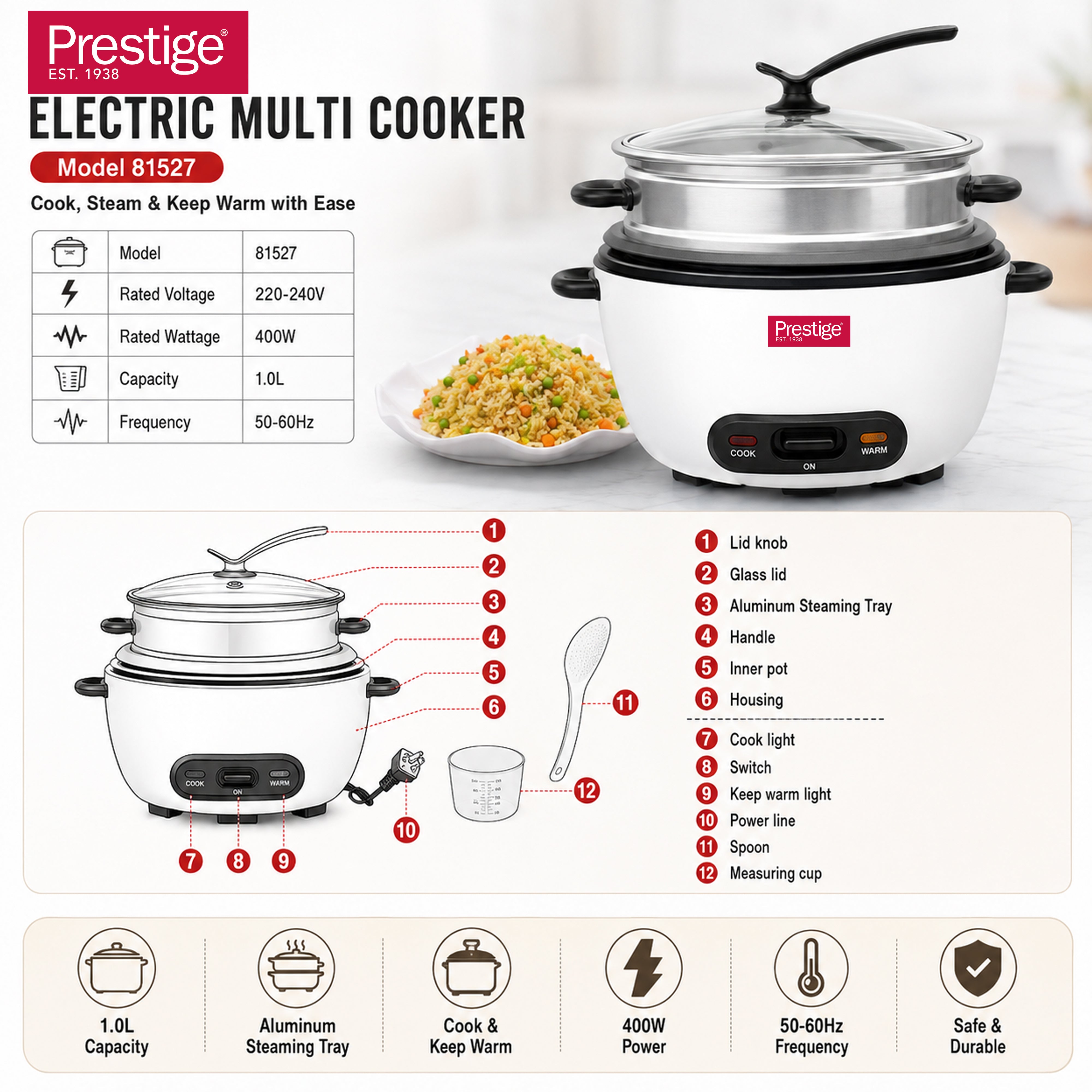 Prestige 1L Automatic Rice Cooker 3-in-1 400W | PR81527