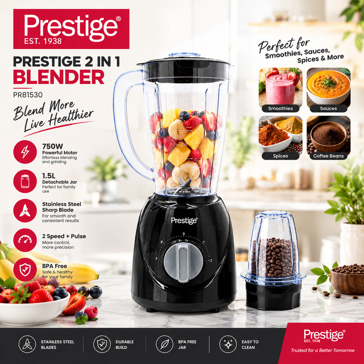 Prestige Stand Blender 1.5 Ltr 400W - Black Color | PR81530