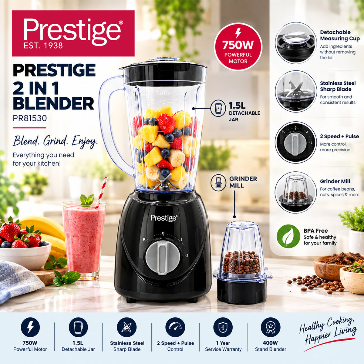 Prestige Stand Blender 1.5 Ltr 400W - Black Color | PR81530