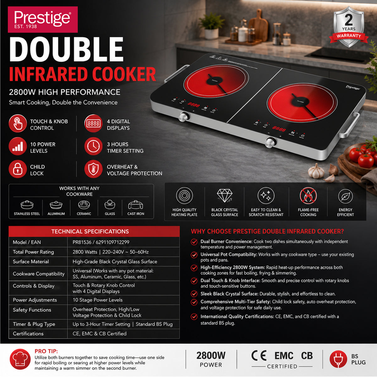 Prestige Double Infrared Cooker- 2800W | PR81536