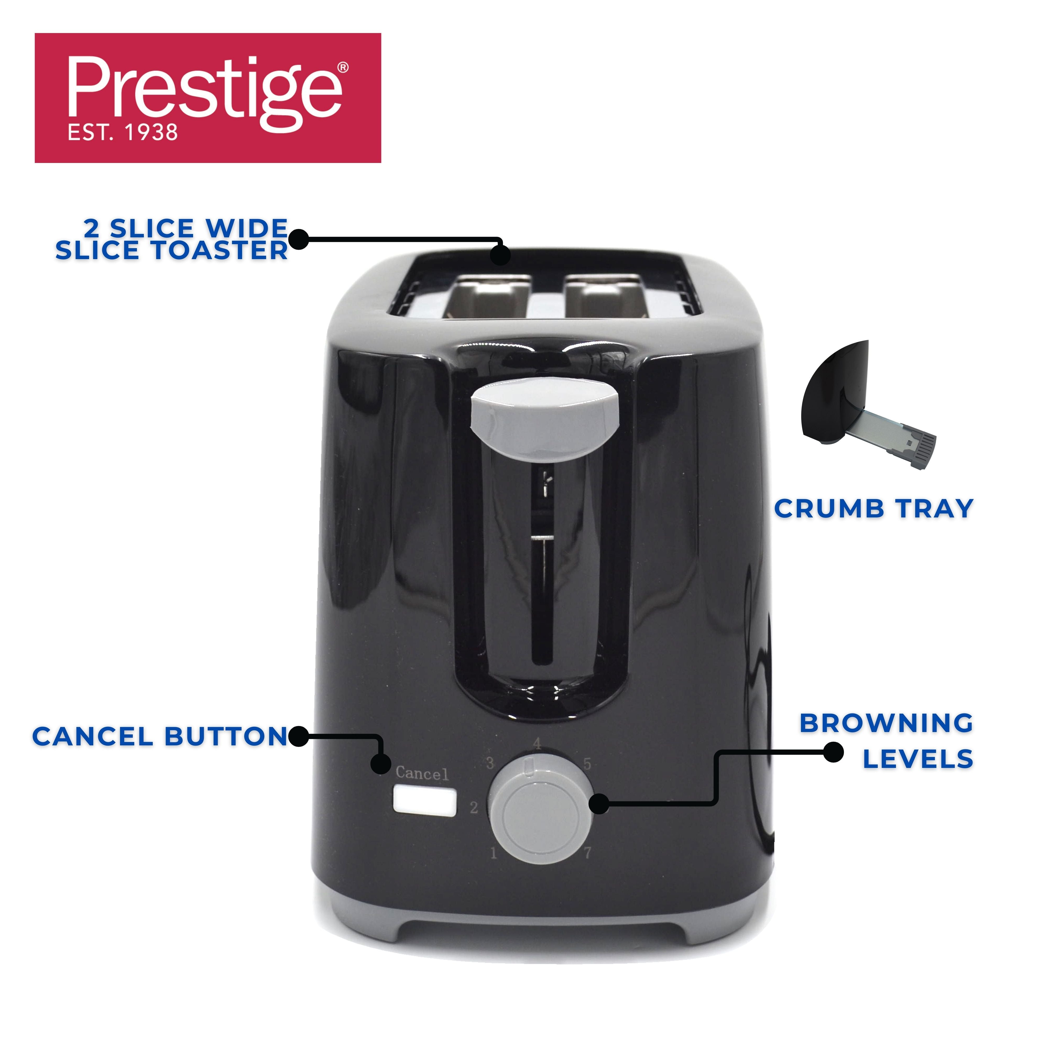 Prestige 2-Slice Compact Bread Toaster Machine (700W) - Black | PR81534