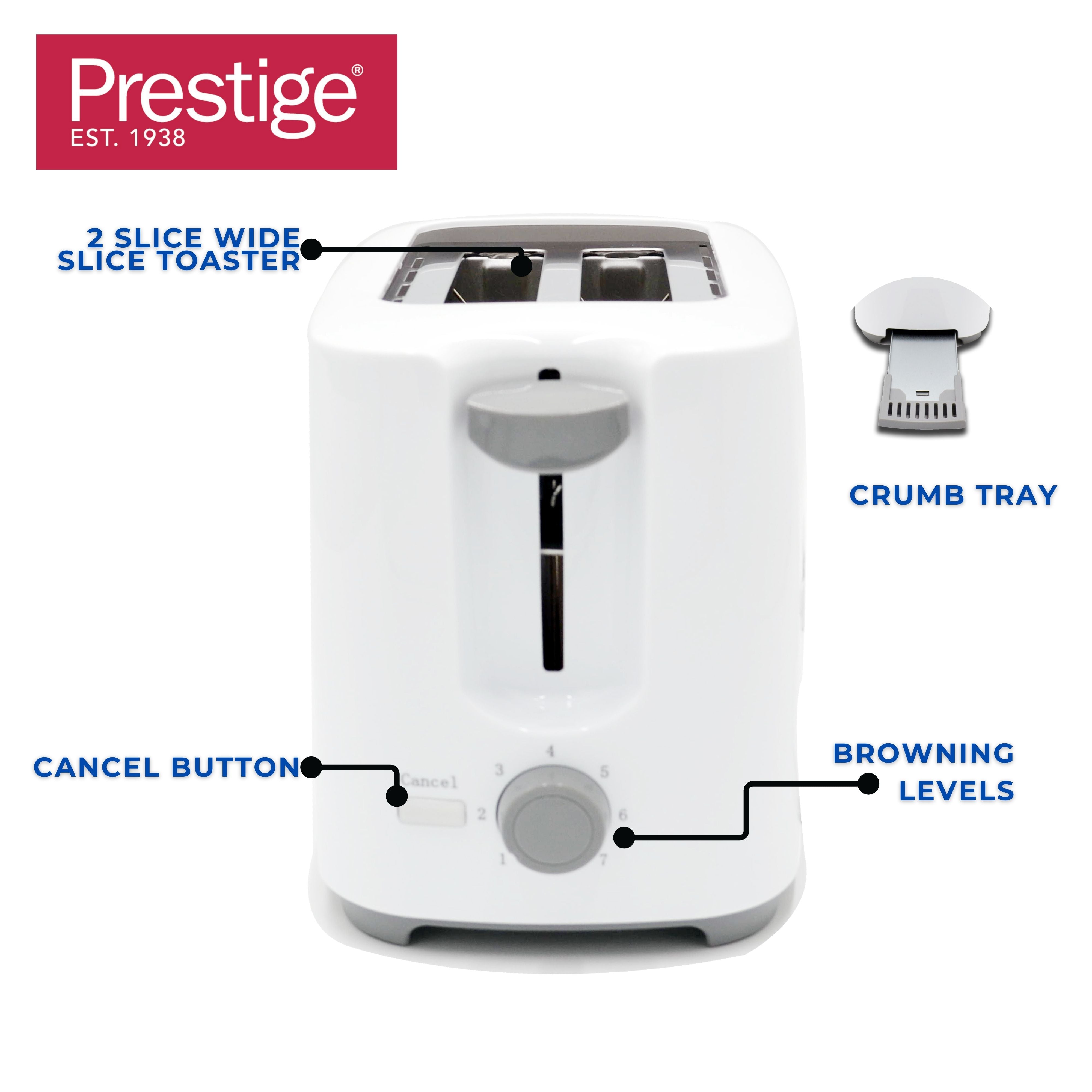 Prestige 2-Slice Compact Bread Toaster Machine (700W) - White | PR81533