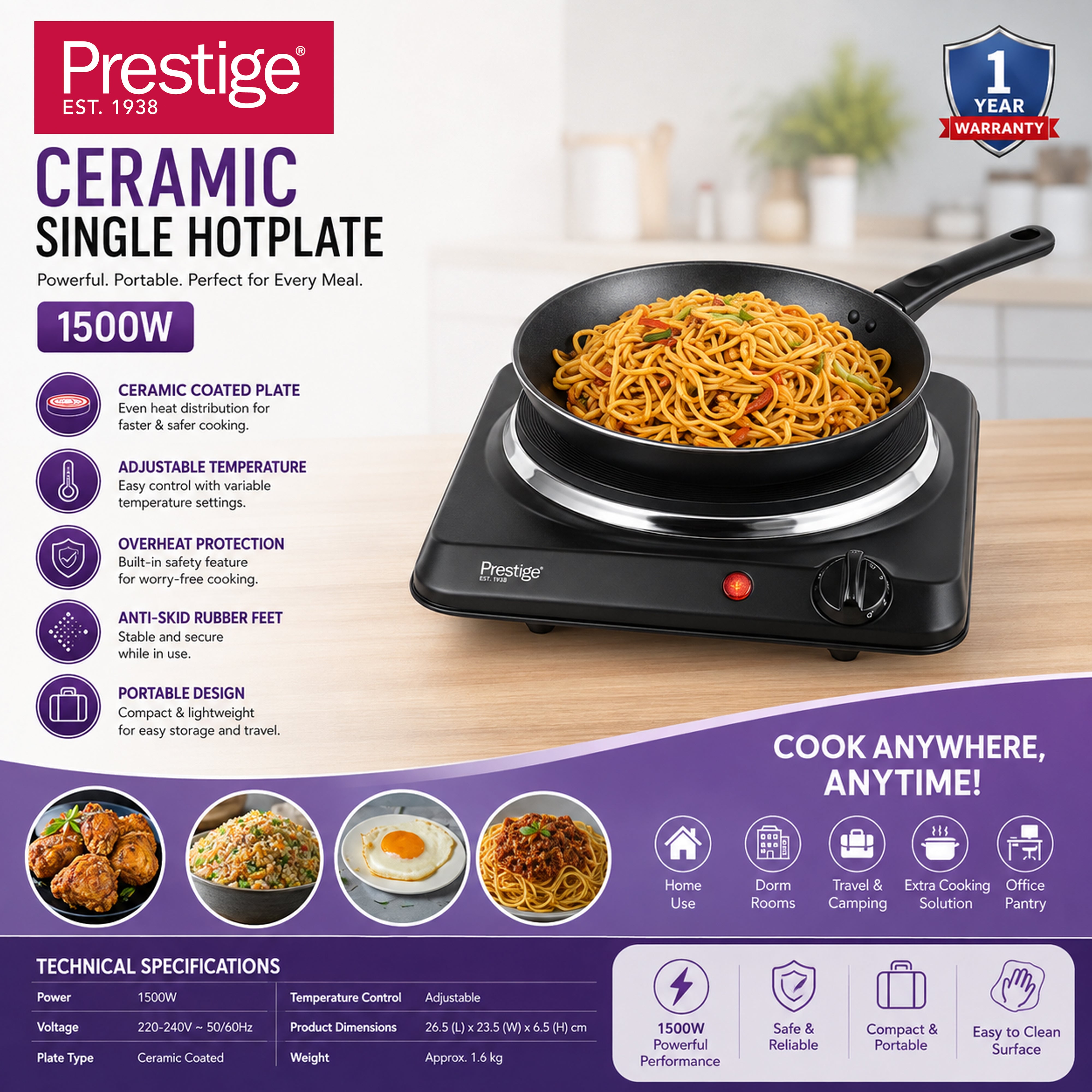 Prestige 1500W ceramic single hotplate PR81403 rust proof body with 185mm heating zone
