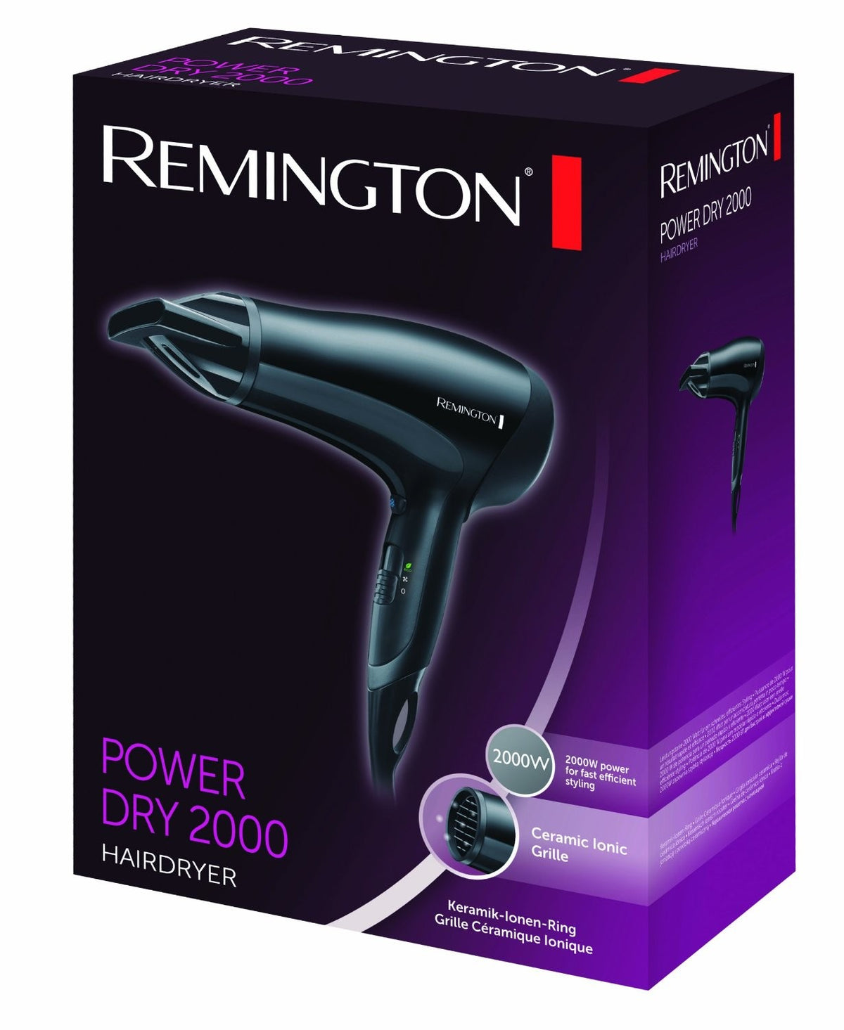 Remington Power Dry Ionic Hair Dryer | 2000W Lightweight Dryer with Ceramic Ionic Grille & Eco Setting for Smooth, Frizz-Free Results – D3010