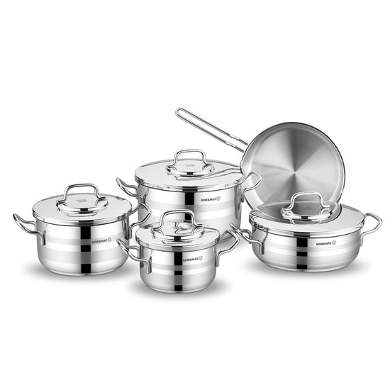 Korkmaz Astra 9 Pcs Stainless Steel Cookware Set | Stainless Steel Pots and Pans Set | Induction Compatible Tri-Ply Bottom Pots and Pans Set - KA2050