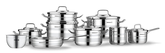 Korkmaz Astron 15 pc Cookware set | Stainless Steel Pots and Pans Set | Inductions Compatible Tri-Ply Bottom Cooking Set  | Silver - KA2057