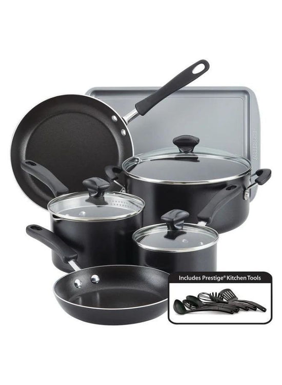 Farberware Cookstart Diamond Max Nonstick Cookware | Pots and Pans Set with Glass Lids | Non-Stick Cookware Set 15 Piece - Black